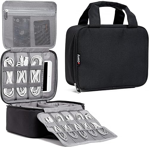 Funda organizadora de electrónica, apertura plana de múltiples capas con compartimentos y bolsillos, organizador de cables para accesorios, cables,