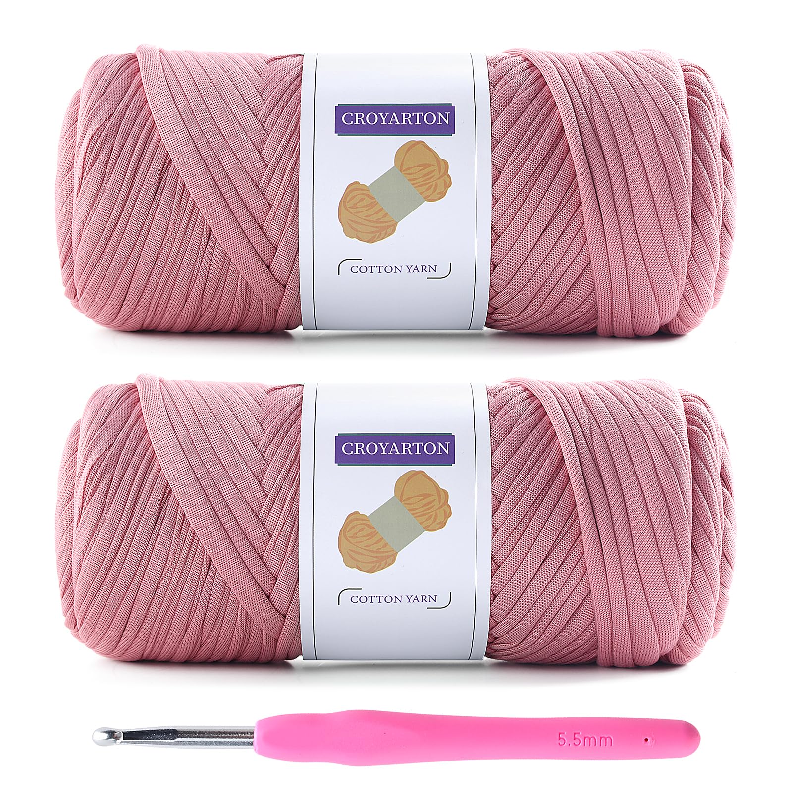 2 Pack T Shirt Yarn for Crocheting with 1 Crochet Hook, Elastic Tshirt Yarn for Crochet Bag/Baskets/Home Decor, Spaghetti Yarn Thick Knitting Yarn Total Length 130 Yds, Weight 14 Oz (Light Pink)