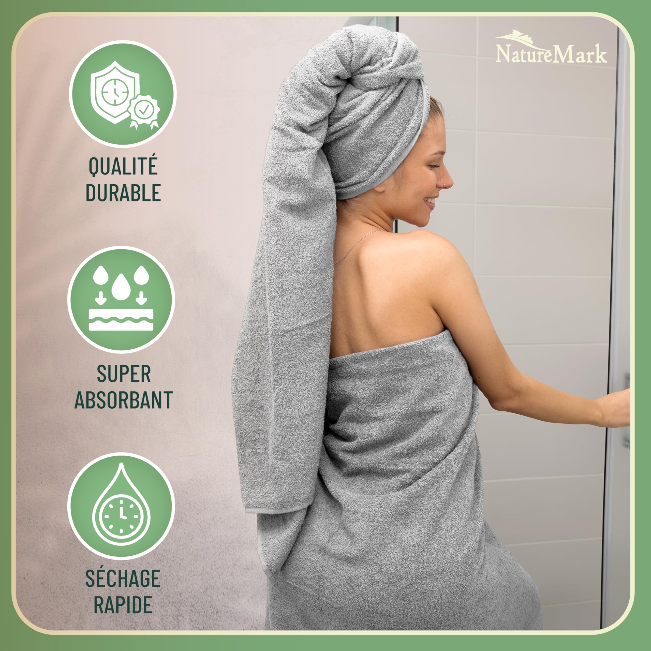 Green Mark Lot de 10 Serviettes 100% Coton – 4 de Main 50×100, 2 de Douche 70×140, 2 d’invités 30×50 et 2 Gants de Bain - Gris Argenté