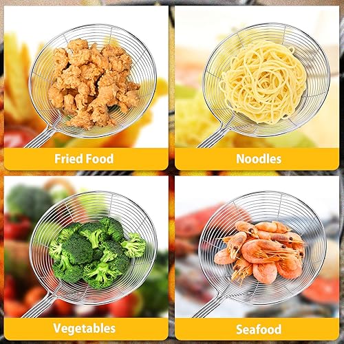 Miniatura 4 de Paquete de 2 coladores grandes de araña, cesta de desnatador de acero inoxidable, coladores de cucharón de cocina, cucharas de malla con mango