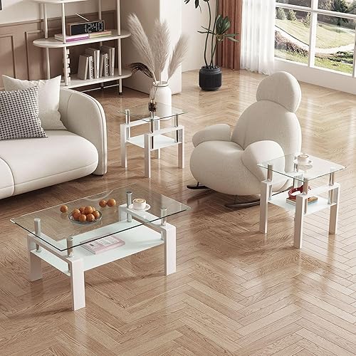 Miniatura 6 de IANIYA Juego de mesa de 3 piezas para sala de estar, moderno juego de mesa auxiliar de vidrio templado, mesa auxiliar de vidrio con marco de metal