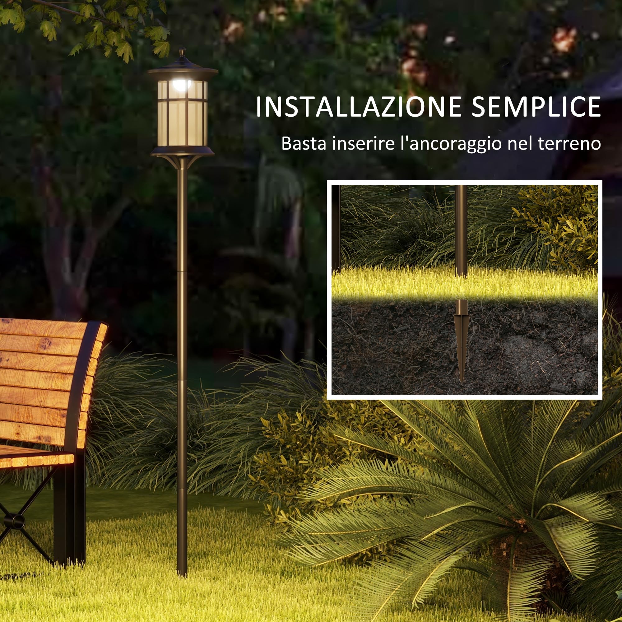 Outsunny Lampione Solare da Giardino Alto 184cm, Lampioncino da Esterno LED Grado di Protezione IP44, Nero