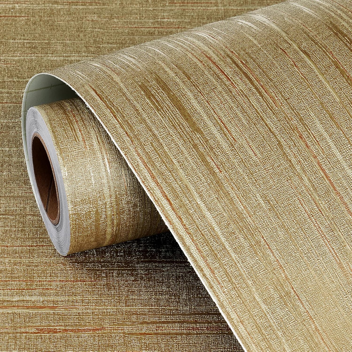 FunStick 24"x200" Gold Textured Wallpaper Peel and Stick Grasscloth Wallpaper Rolls for Walls Texture Removable Contact Paper Renter Friendly Self Adhesive Wallpaper for Bathroom Living Room Furniture