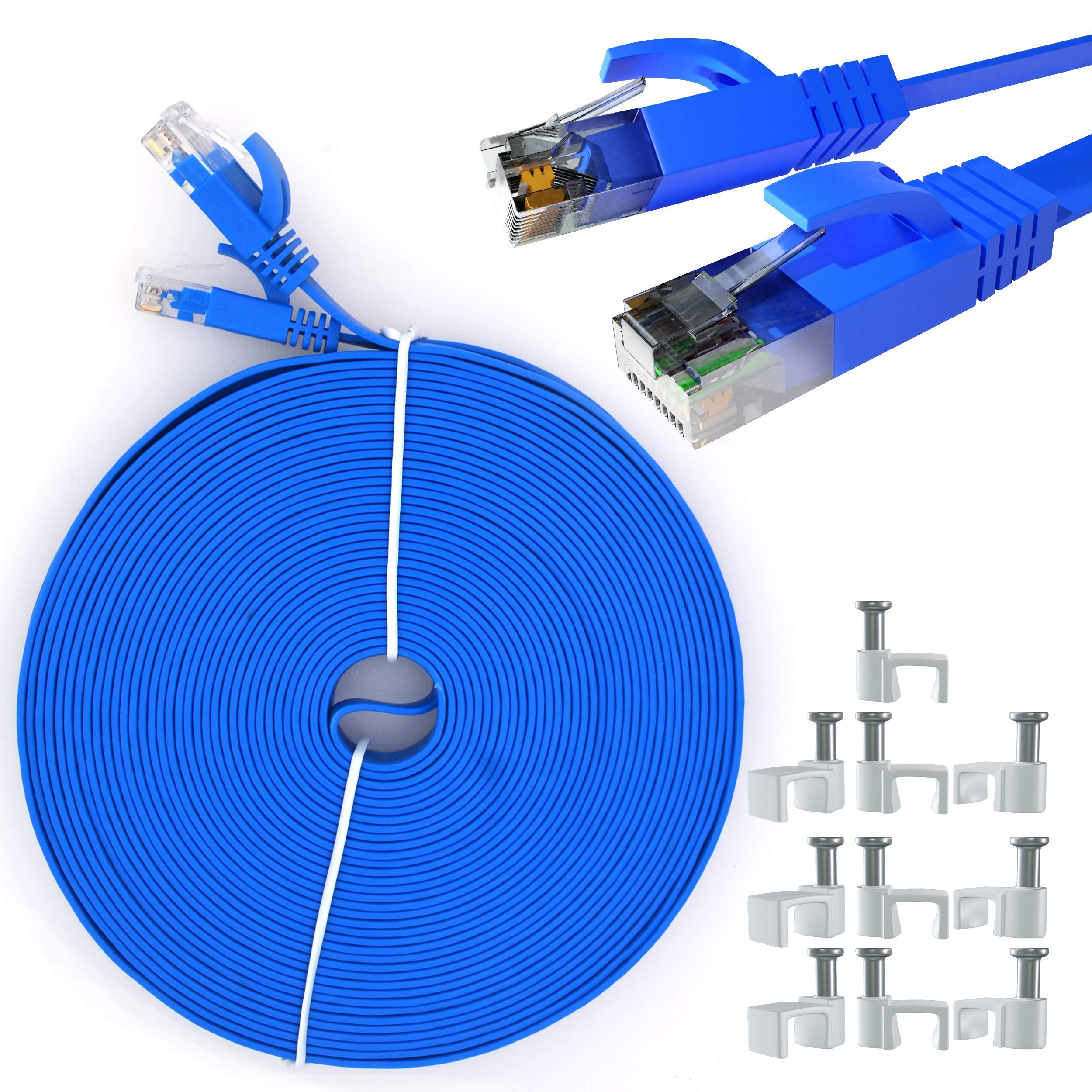 ITBEBE Cat6 Ethernet Cable 25 ft, Blue – Flat Internet Cord with 3 Micron Gold-Plated RJ45 Connectors and Snag-Proof Clips – Lightning Fast Speeds and Superior Signal Strength
