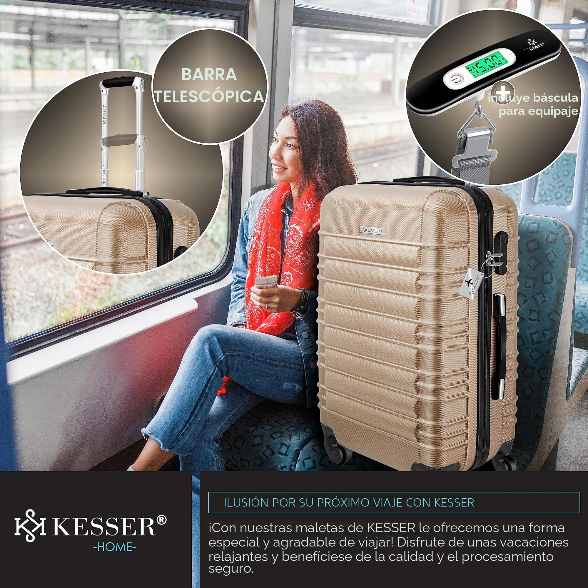 KESSER® Maleta rígida de Viaje, Incluye báscula de Equipaje + Etiqueta de Equipaje, Maleta con Ruedas, Cerradura de combinación, 4 Ruedas, plástico ABS, Mango telescópico