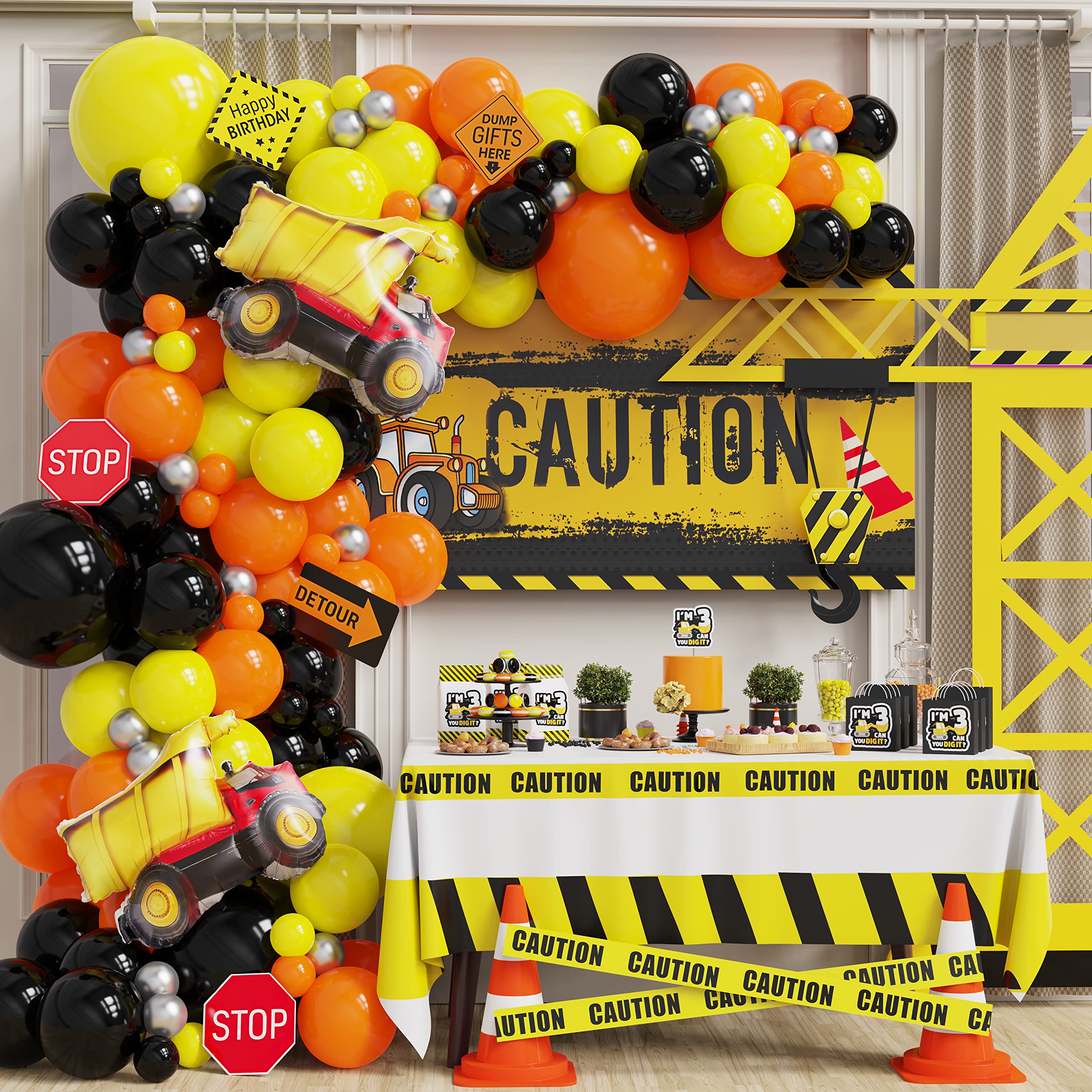 Construction Truck Theme Balloon Garland Kit with Orange Black Yellow Balloon Dump Truck Balloon for Construction Truck Theme Birthday Party Baby Shower Decorations