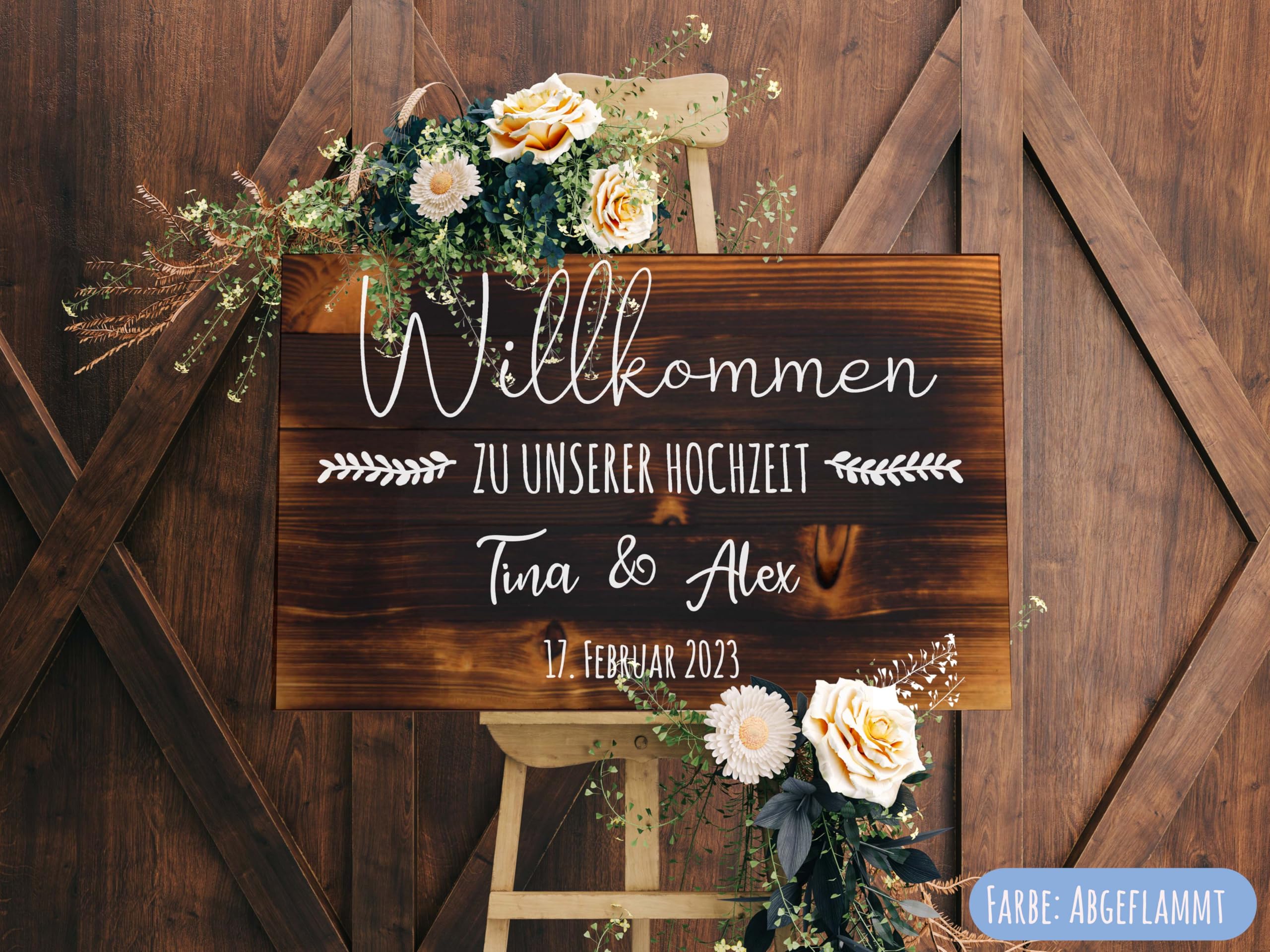 Willkommensschild Hochzeit aus Holz, Hochzeitsschild personalisiert mit Namen, Holzschild Hochzeit