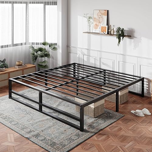 Miniatura 3 de IMUsee Base de cama de metal de 14 pulgadas con soporte de listones de acero fuerte espacio de almacenamiento suficiente base de colchón no necesita