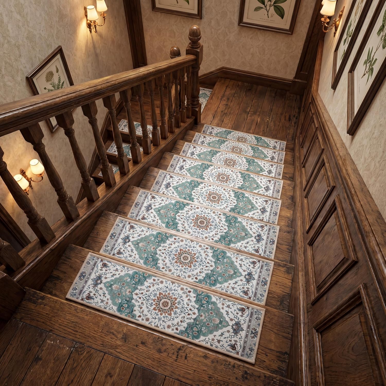 15 Pcs Non-slip Stair Treads for Wooden Steps 30x8 Inch, Peel and Stick Chenille Carpet Treads, Vintage Floral Medallion Print Stair Rug, Residue-free Adhesive, Machine Washable for Seniors Pets