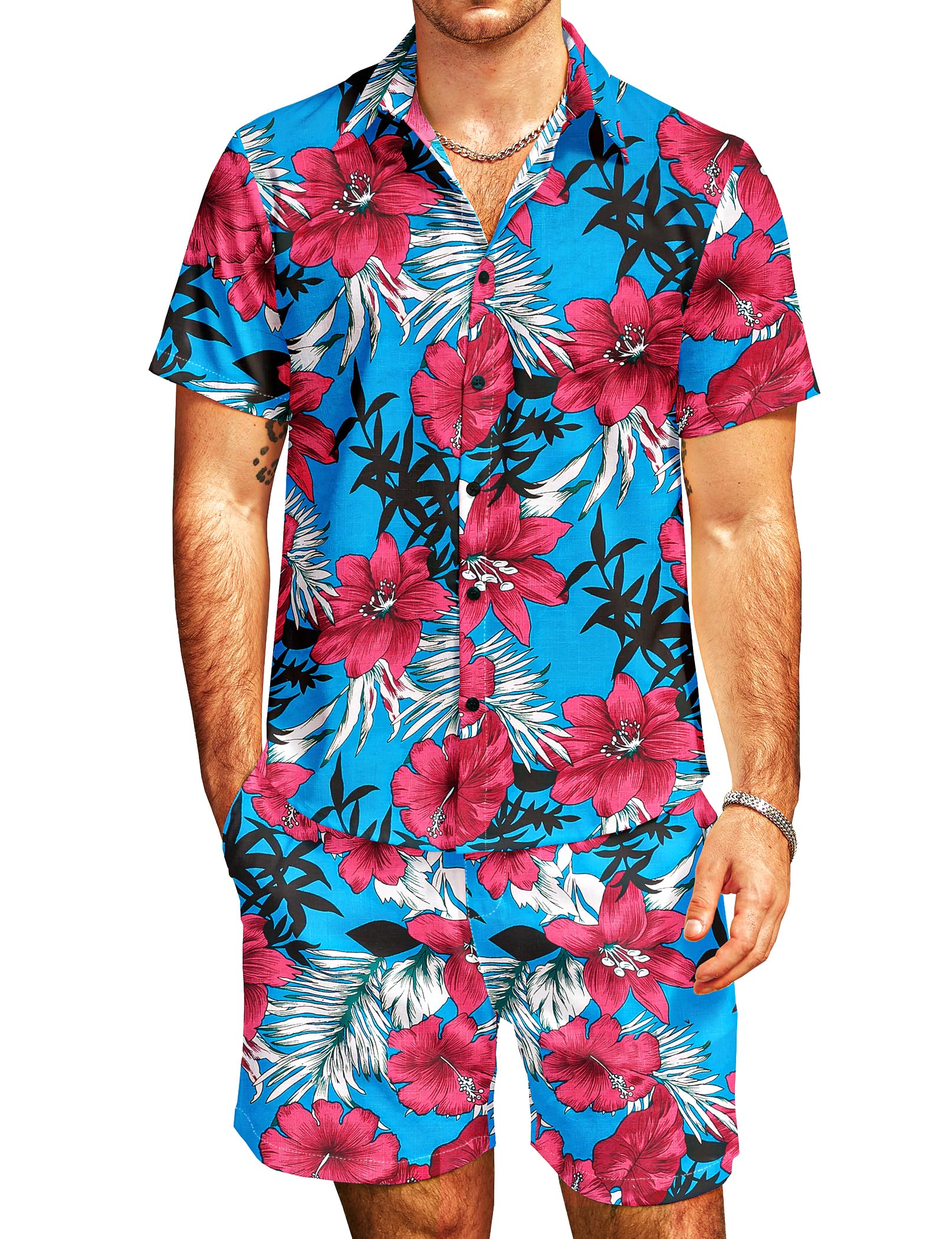 JOGAL Men's Flower Casual Button Down Short Sleeve Hawaiian Shirt Suits