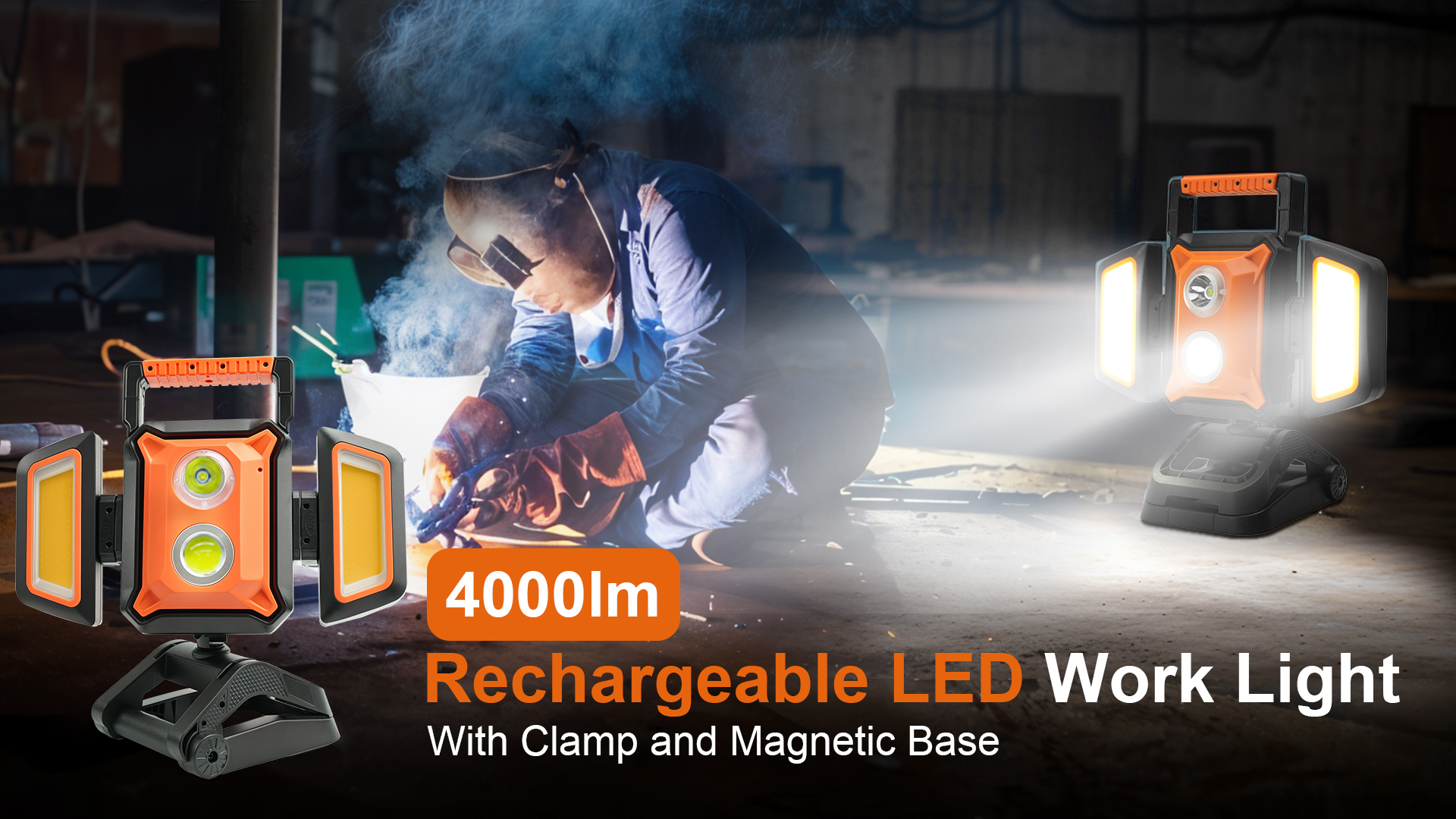Tresda 4000LM LED Work Light Rechargeable with Clamp, 40W Magnetic