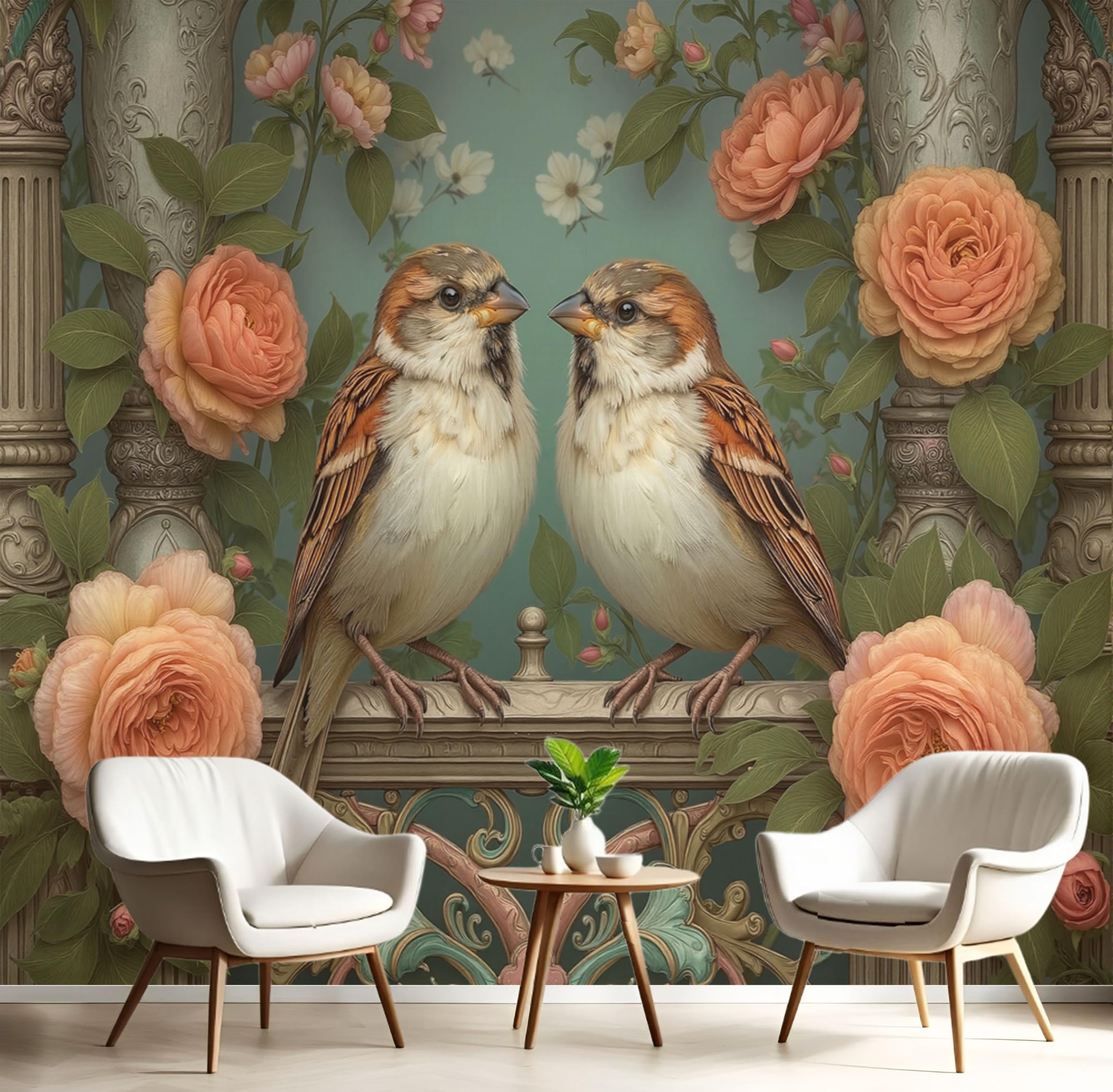 Papier peint panoramique oiseau pour une décoration murale baroque haut de gamme
