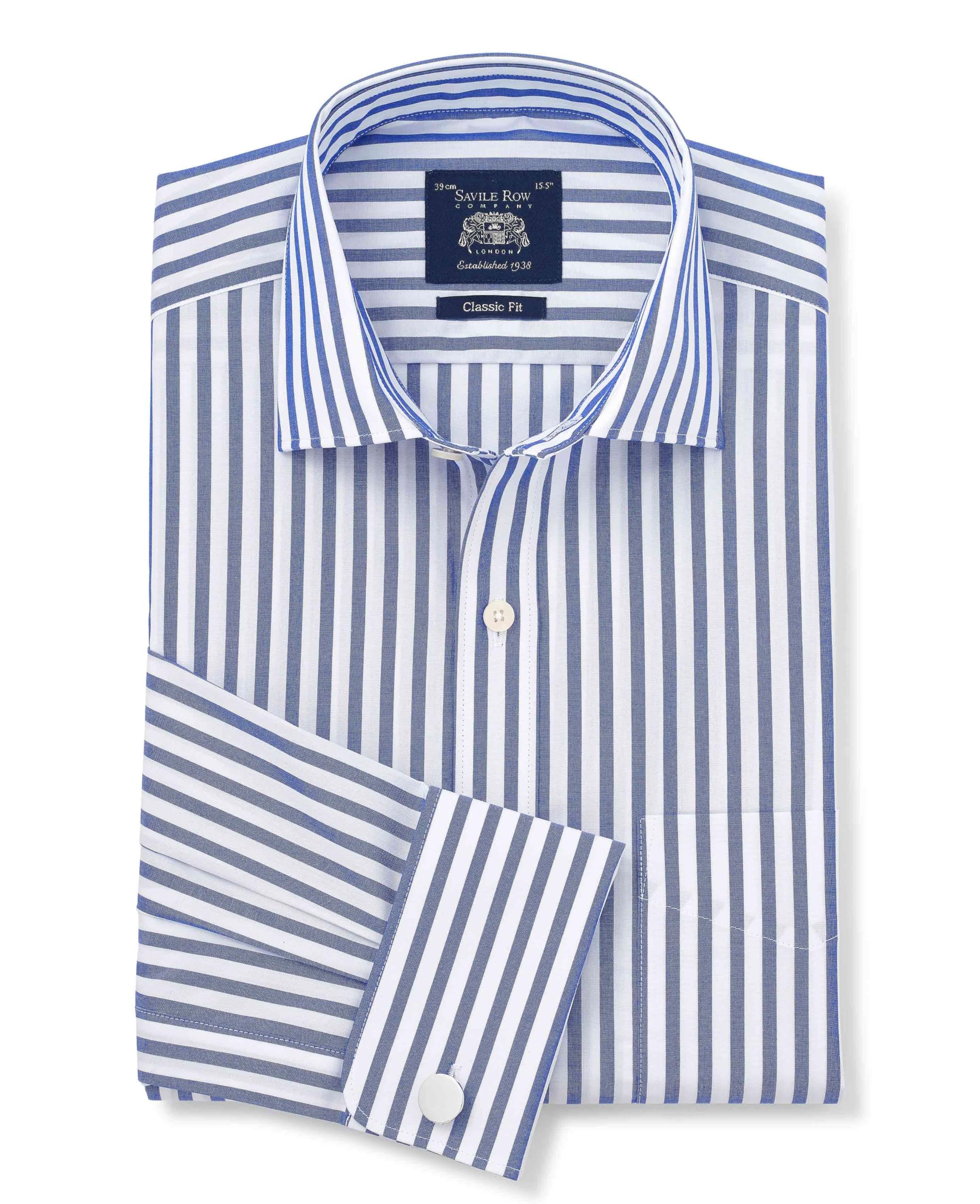 THE SAVILE ROW COMPANY LONDON Men's Classic Fit Cotton Poplin Double Cuff Formal Shirt - Blue White Stripe - 19" Collar