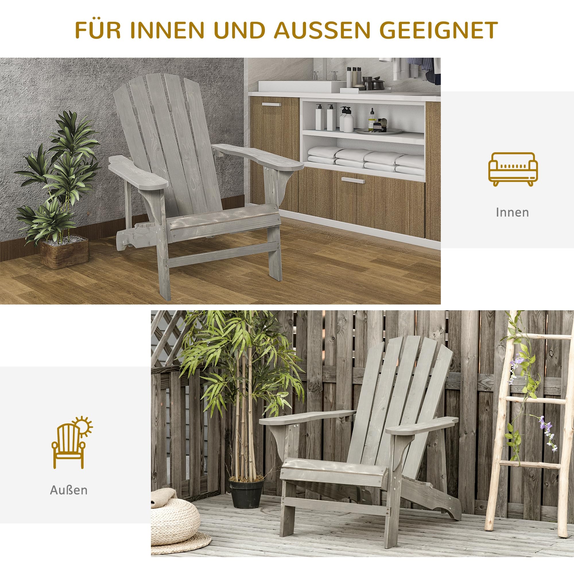 Outsunny Adirondack Stuhl wetterfest Adirondack Chair aus Holz Outdoor Gartenstuhl mit Hoher Rückenlehne Armlehnen Balkonstuhl Gartensessel für Garten, Terrasse Balkon 78 x 89 x 88 cm Hellgrau