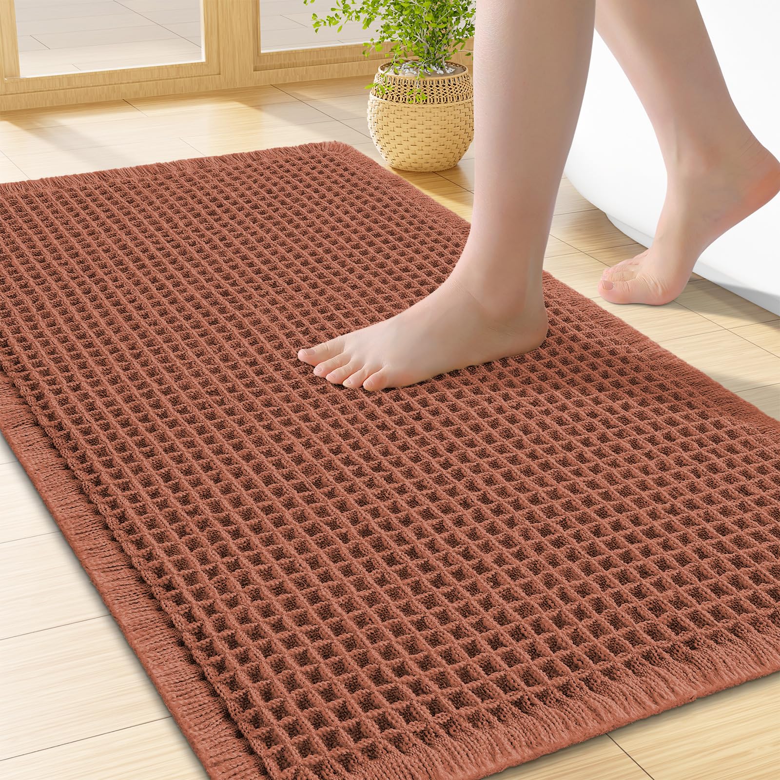 Smiry Waffle Bath Mat 24X16, Extra Soft Absorbent Bathroom Rugs, Orange