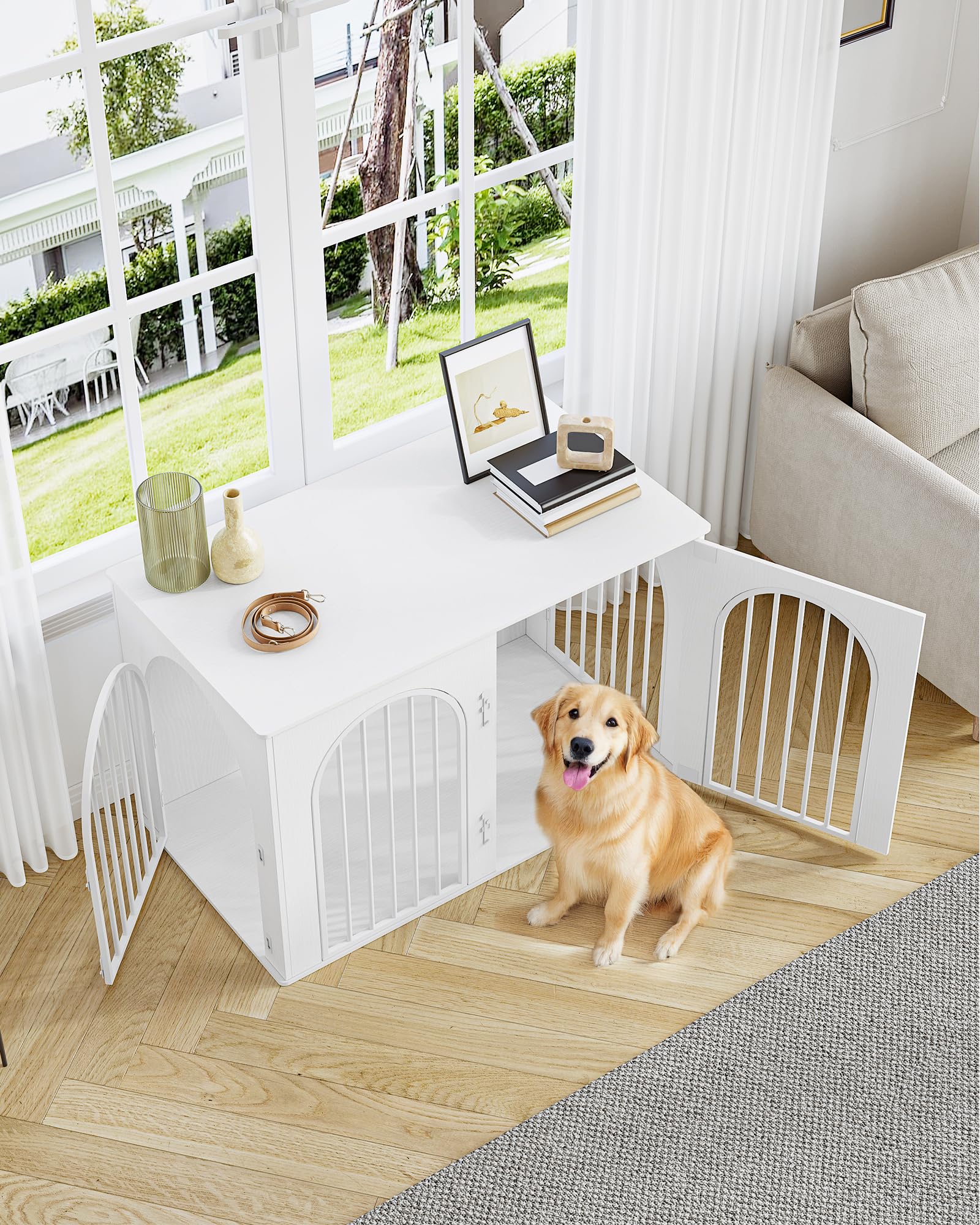 Hzuaneri 108 cm Jaula para Perros, Mesa Auxiliar, Casa Moderna para Perros, Jaula Perro Grande para Casa de Madera, Dúplex para Animales, 3 Puertas, Puerta Arqueada, 64 x 108 x 76 cm, Blanco