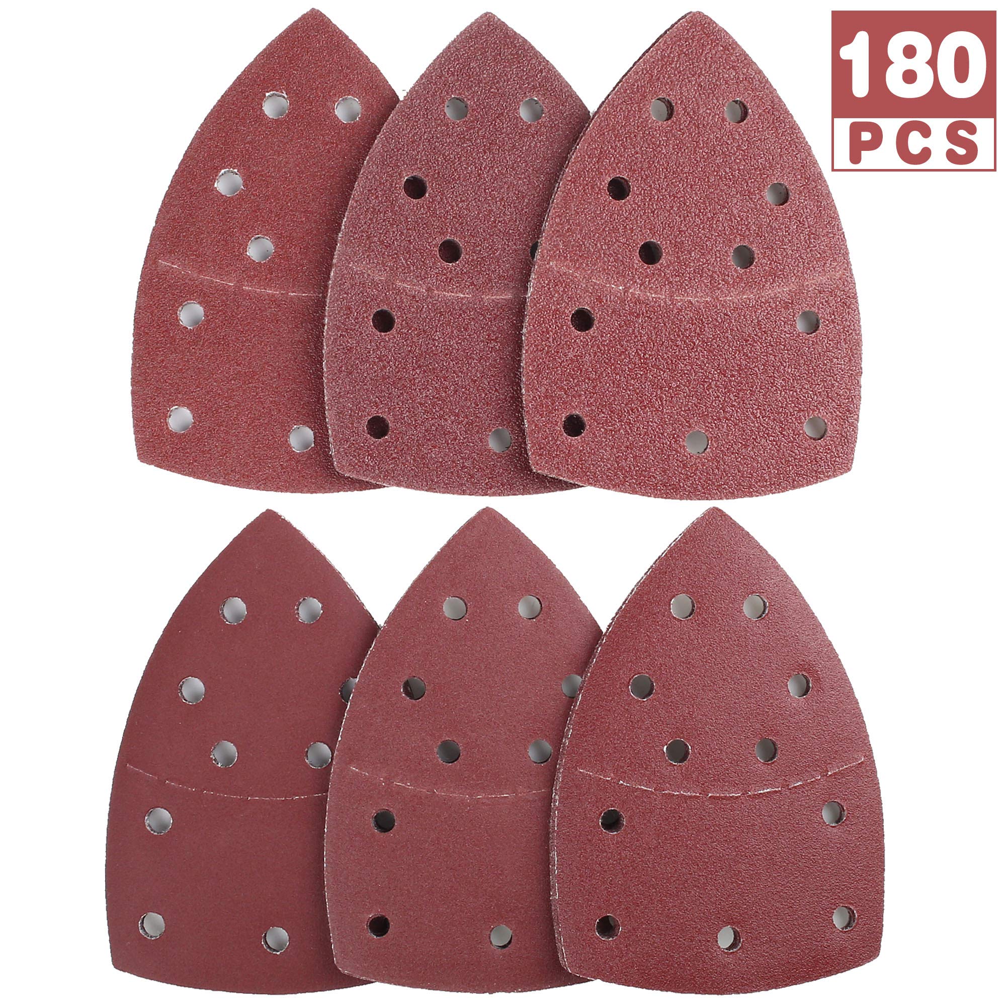 LotFancy Lijas para Lijadora 180 Piezas, Lija Madera 30 x Granos 40/60/80/120/180/240, Papel de Lija Triangular 105 x 152mm, 12 Agujeros Hojas de Lija Ajuste Multilijadora