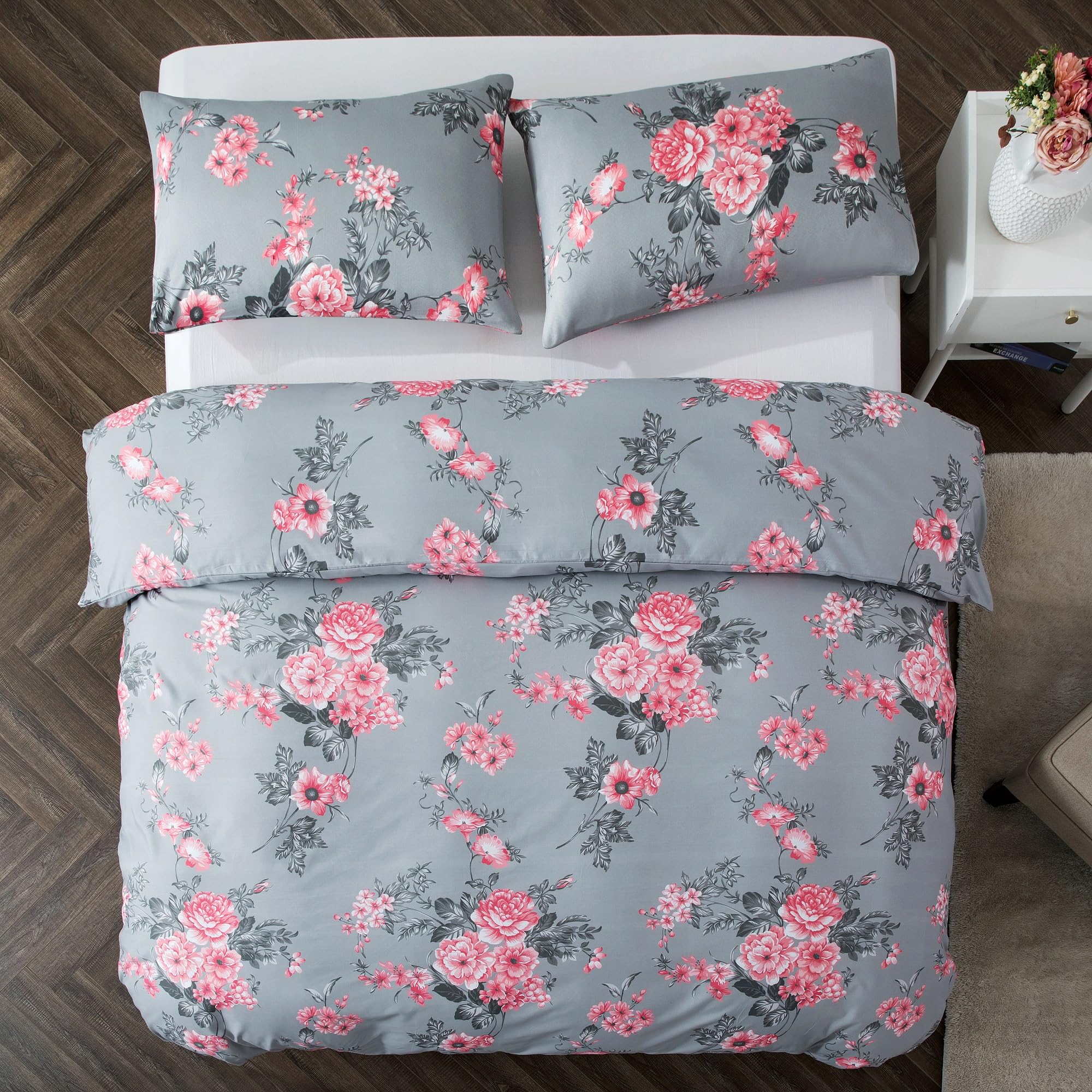 MOONLIGHT20015 Super King Duvet Set Soft Printed Luxury Bedding Sets Brushed Microfiber Duvet Covers with Pillowcases (Grey Bouquet 260x220 CM) - Image 4