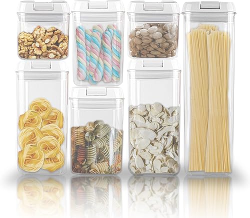 Lutema Juego de 7 recipientes herméticos transparentes para almacenamiento de alimentos con tapas blancas de fácil bloqueo para organización de