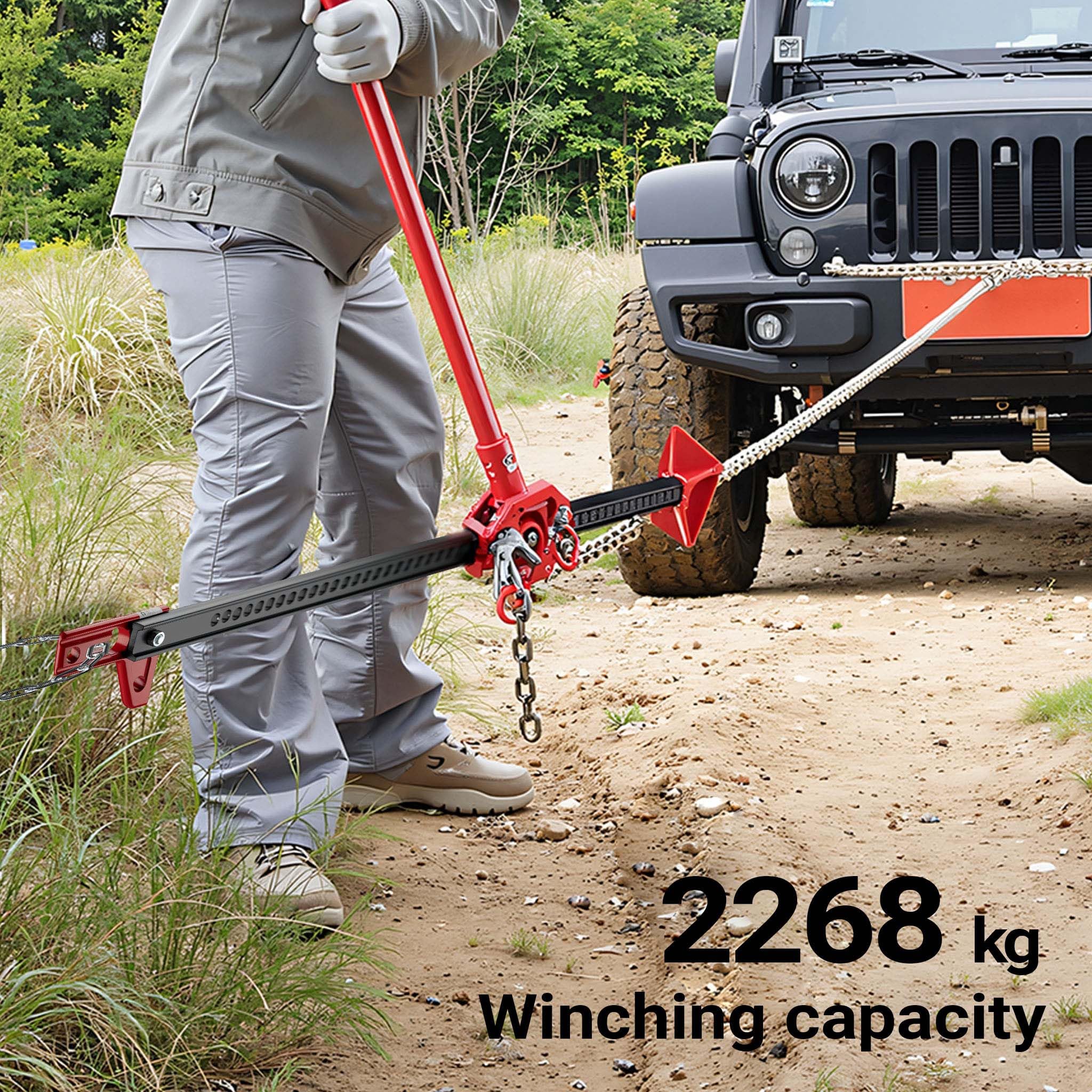 Wiltec Zestaw z podnośnikiem samochodowym i górną klamrą, 60” lewarek farmerski do 3000 kg i maks. wysokością podnoszenia 135 cm z górnym zaciskiem