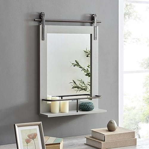 FirsTime & Co. Gray Ingram Farmhouse Barn Door Mirror with Shelf 24.75" x 19.75"