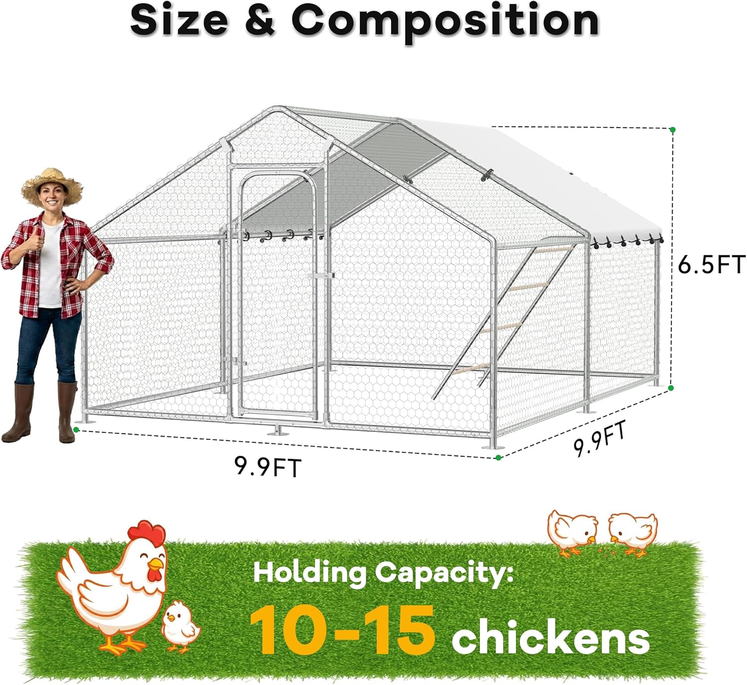 Large Metal Chicken Coop with Waterproof and UV-Resistant Cover,Chicken Run Outdoor Walk-in Cage Rabbit Duck Hen House for Yard Farm Use Spire Roof (10’ W x 9.9’ L x 6.4’ H)
