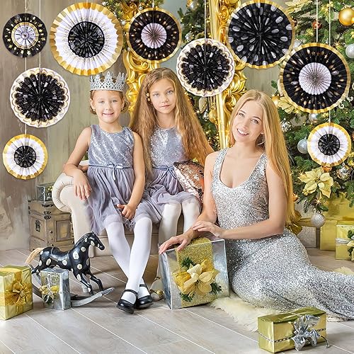 Miniatura 7 de Outus 9 piezas de decoración colgante de Nochevieja, abanicos de papel 2024, fanáticos de fiesta de Año Nuevo, abanicos de papel colgantes negro y