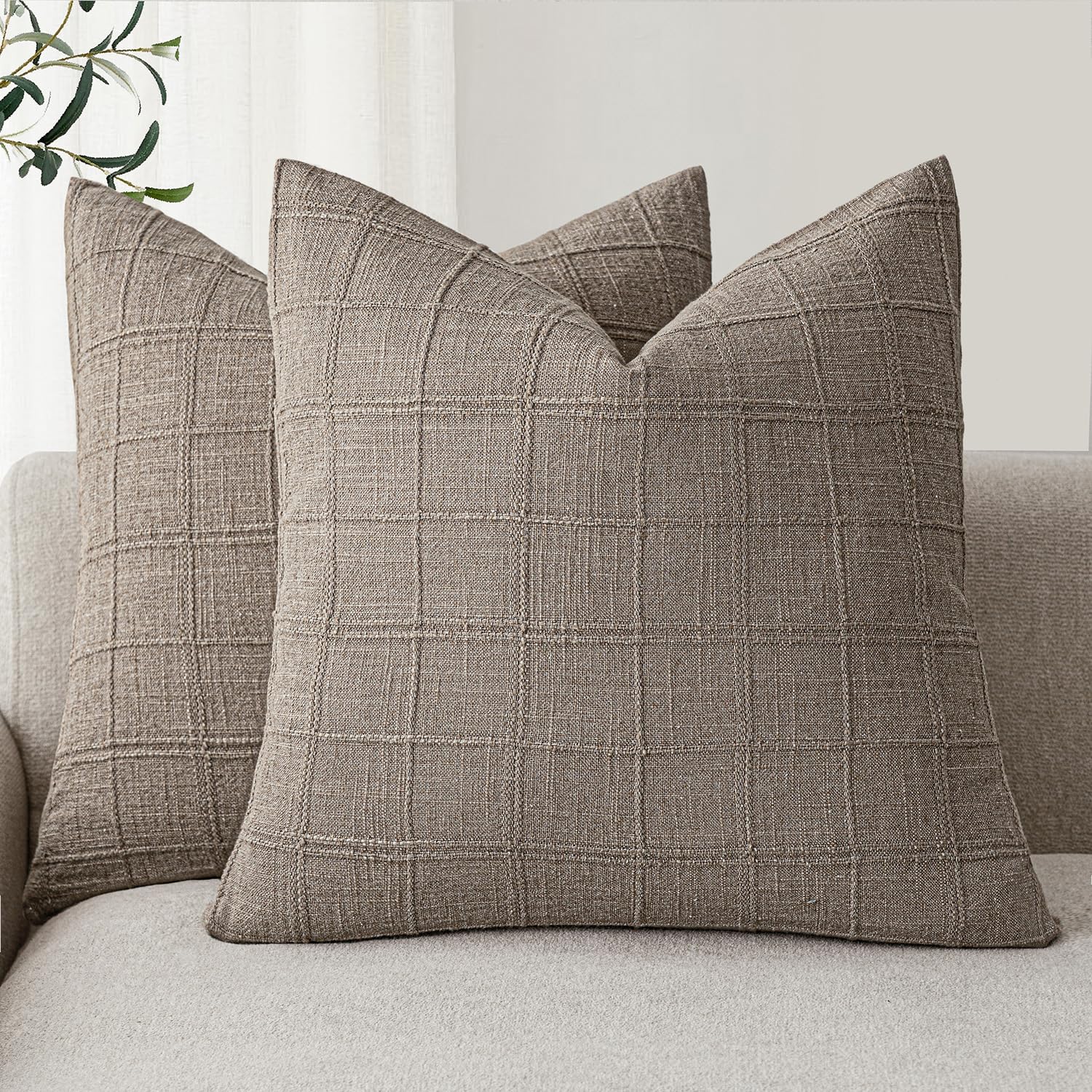 Foindtower Boho Linen Check Decorative Throw Pillow Covers 26×26 Tan Taupe