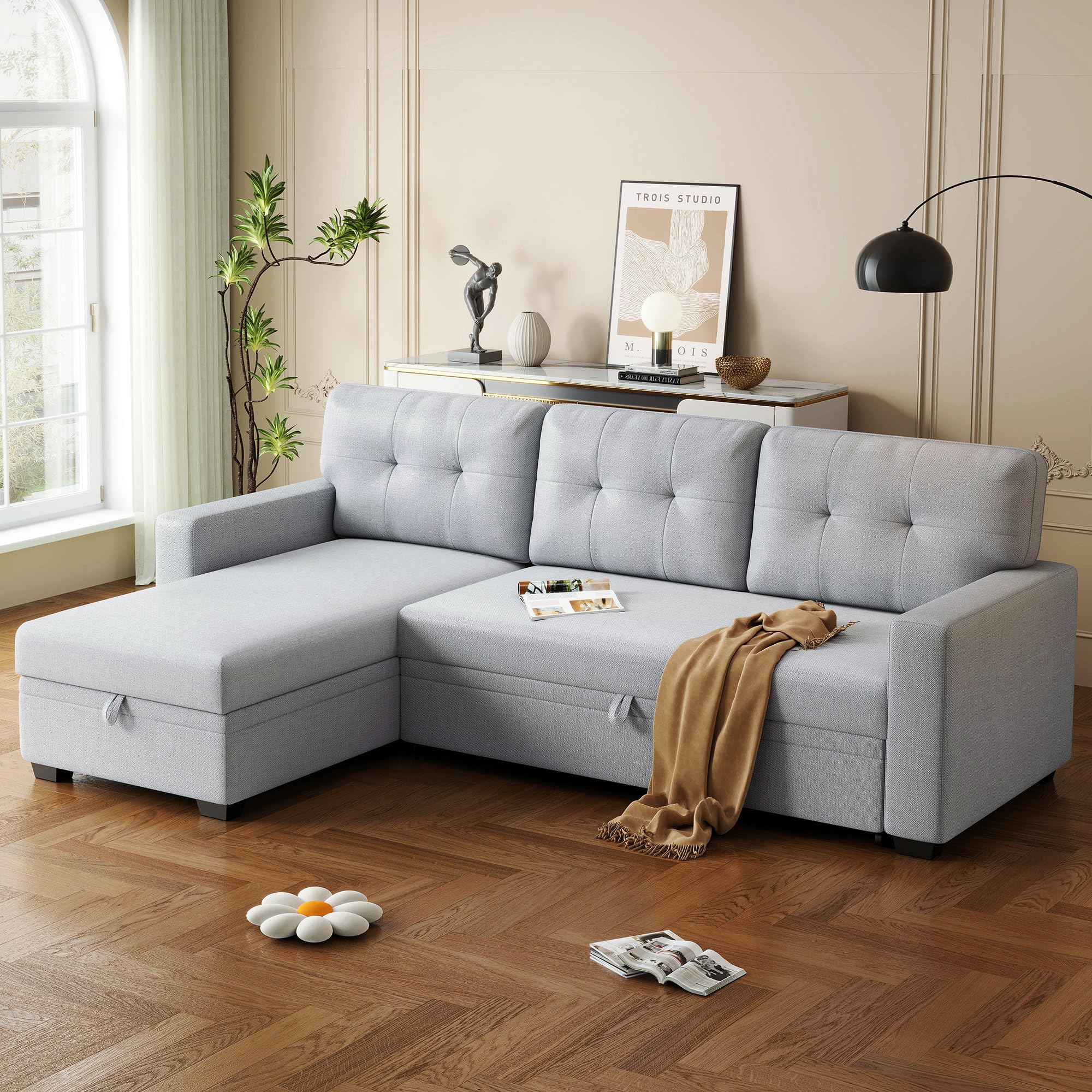 ACQCA82" Convertible Sectional Sleeper Sofa with Storage Chaise, L Shaped Pull Out Couch Bed with 3 Tufted Back Cushion for Living Room, Apartment,Office,Light Gray