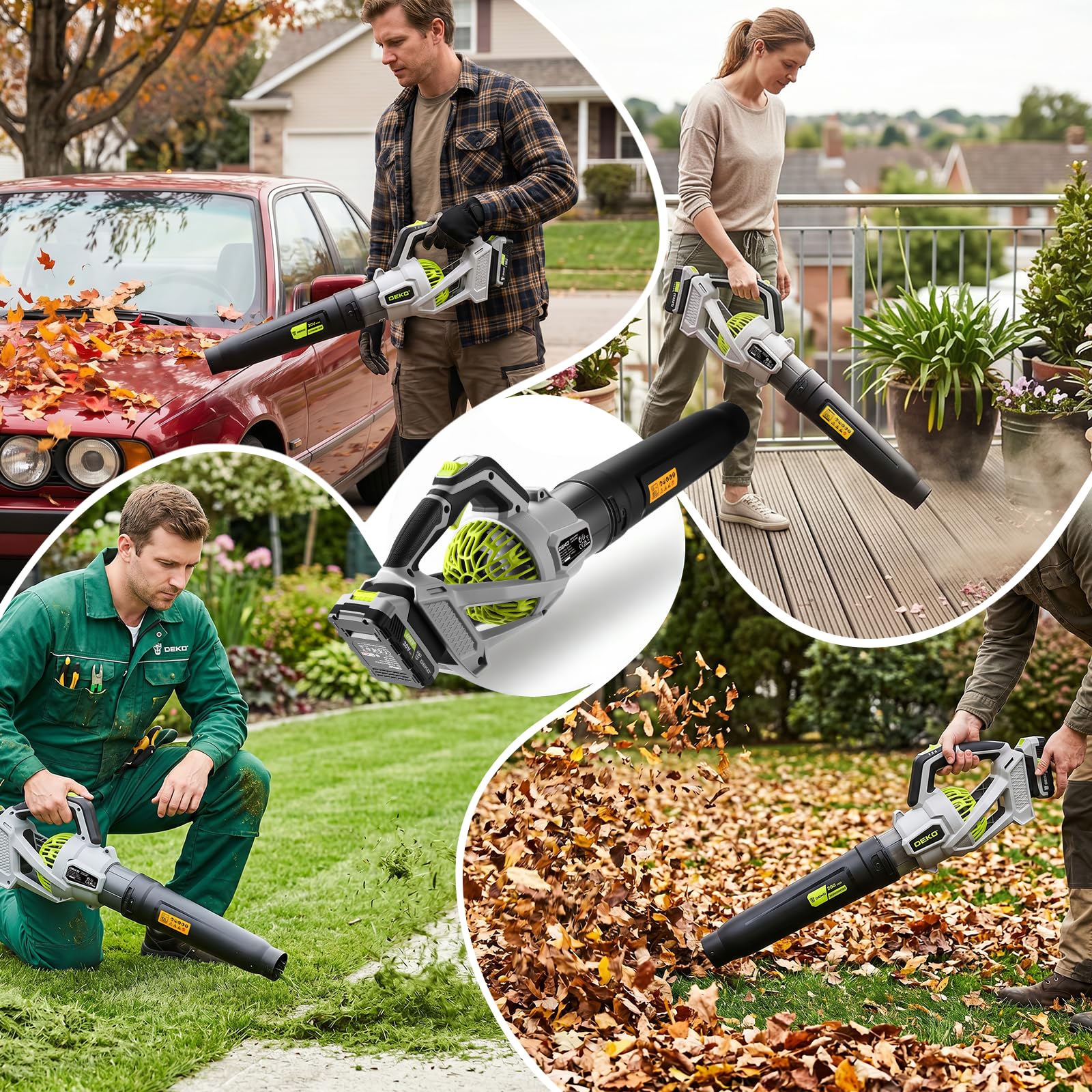 DEKOPRO Soplador de Hojas Inalámbrico de 20V, con 2 Baterías de 2,0 Ah y Cargador, 3 Velocidades, 18.000 RPM, Soplador de Hojas para Jardines, Portales, Limpieza de Hojas Caídas y Nieve
