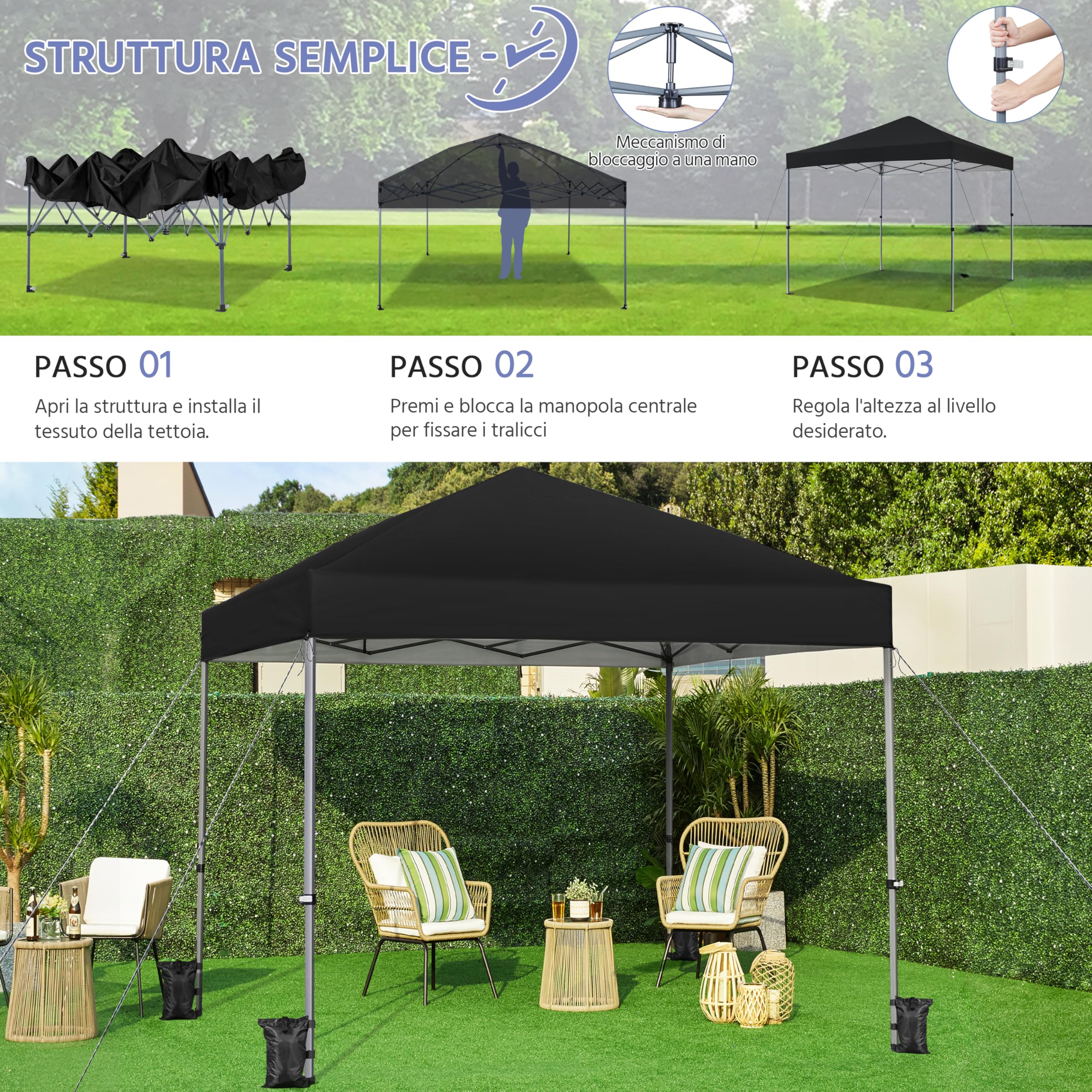 Yaheetech Gazebo Richiudibile Pieghevole Impermeabile 3x3 m in PVC Gazebo Pop Up Altezza Regolabile Tessuto Oxford Adatto per Terrazza Fiera Feste Giardino Mercato Campeggio Bar Pub Nero