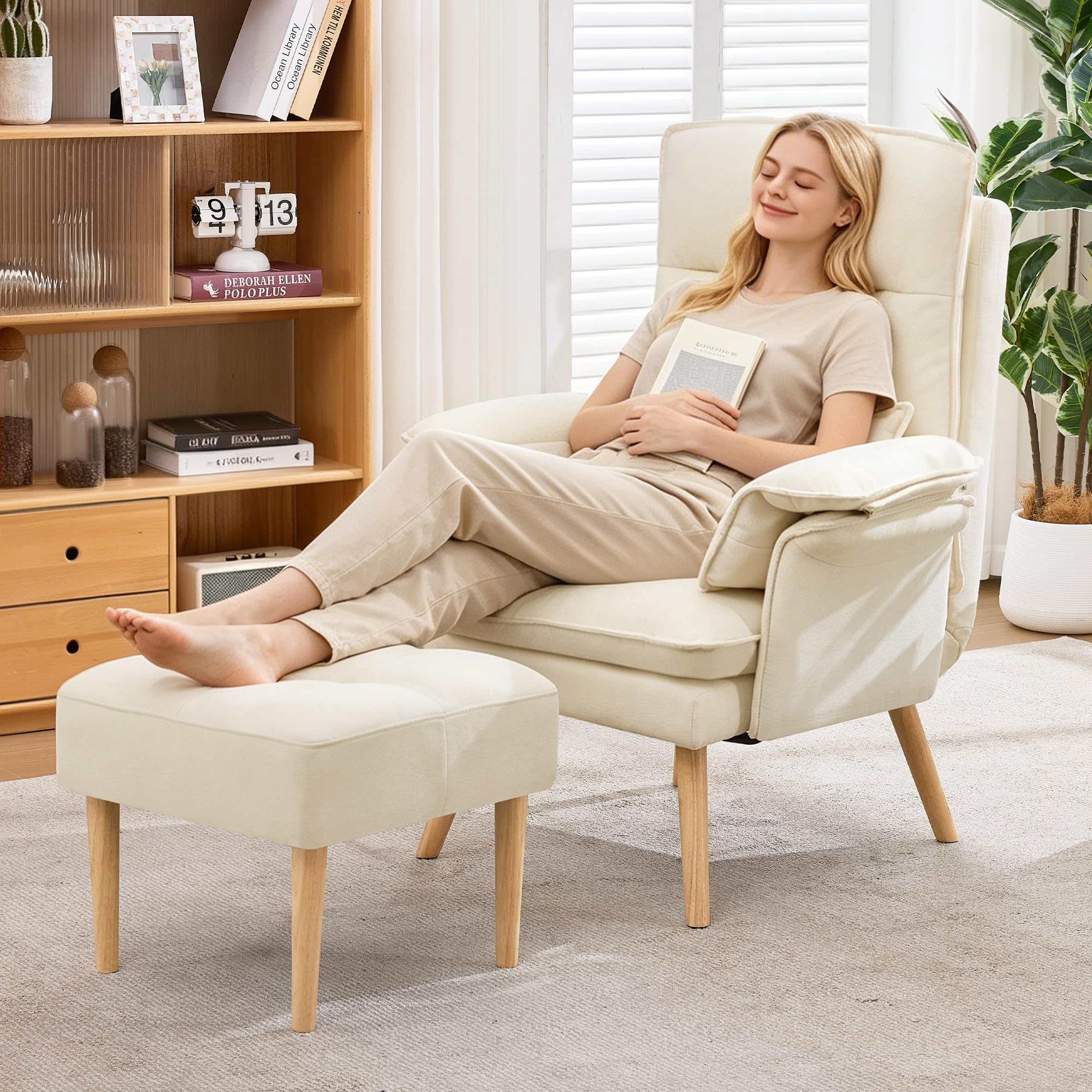 BTM Relaxsessel mit Hocker 5-Fach Verstellbarer Sessel Wohnzimmer Lesesessel mit Kopfstütze, Armlehnenkissen Beige