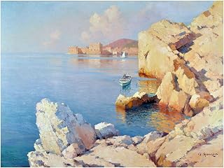 Seascape by Alexei Hanzen Ocean sea Boat Stones Rocks Mountains Accent Tile Mural Kitchen Bathroom Wall Backsplash Behind Stove Range Sink Splashback One Tile 8"x6" Ceramic, Matte