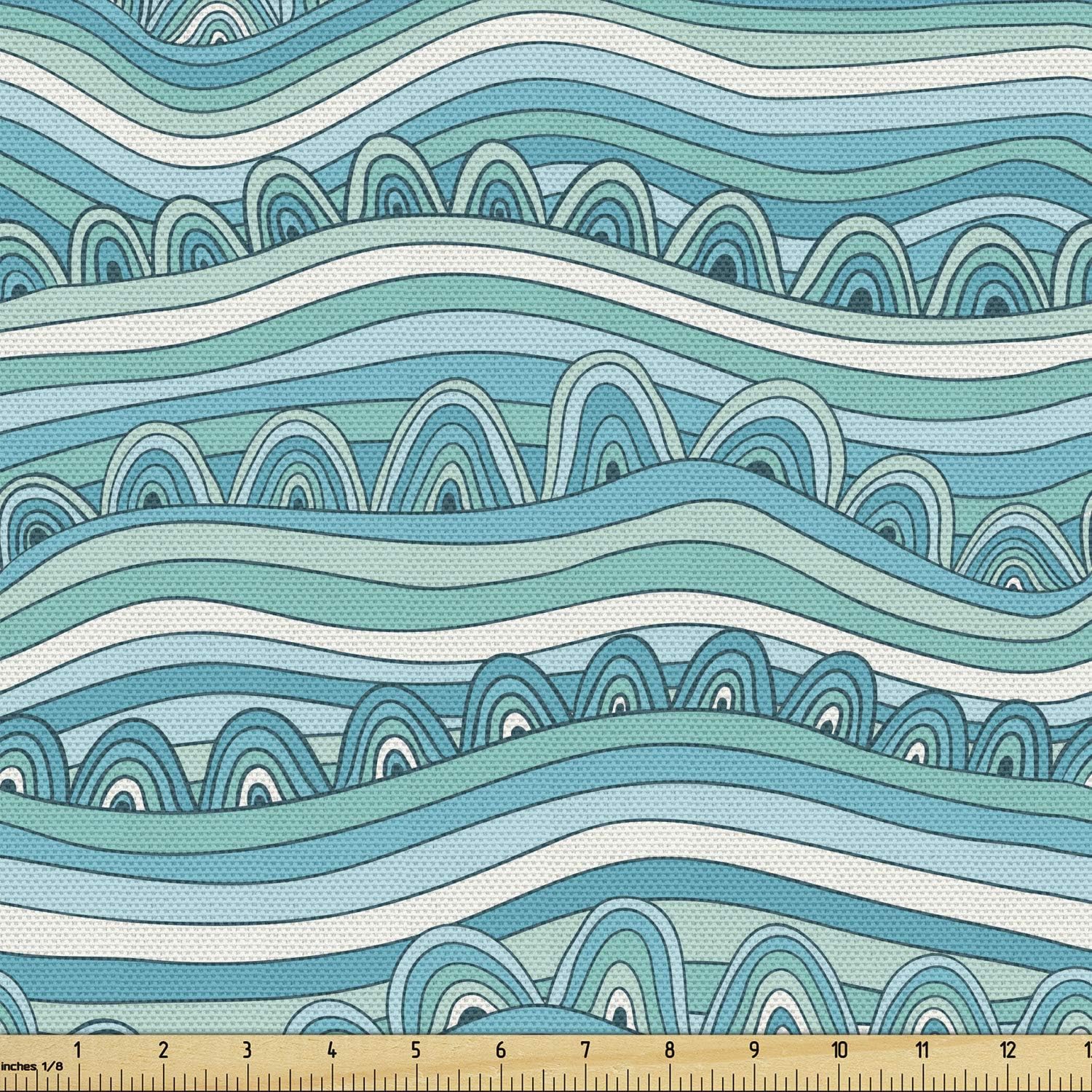 Lunarable Blue and White Fabric by The Yard, Hand-Drawn Style Wave Pattern Sea Inspired Ocean Ornament, Decorative Fabric for Upholstery and Home Accents, Pale Blue Turquoise and White
