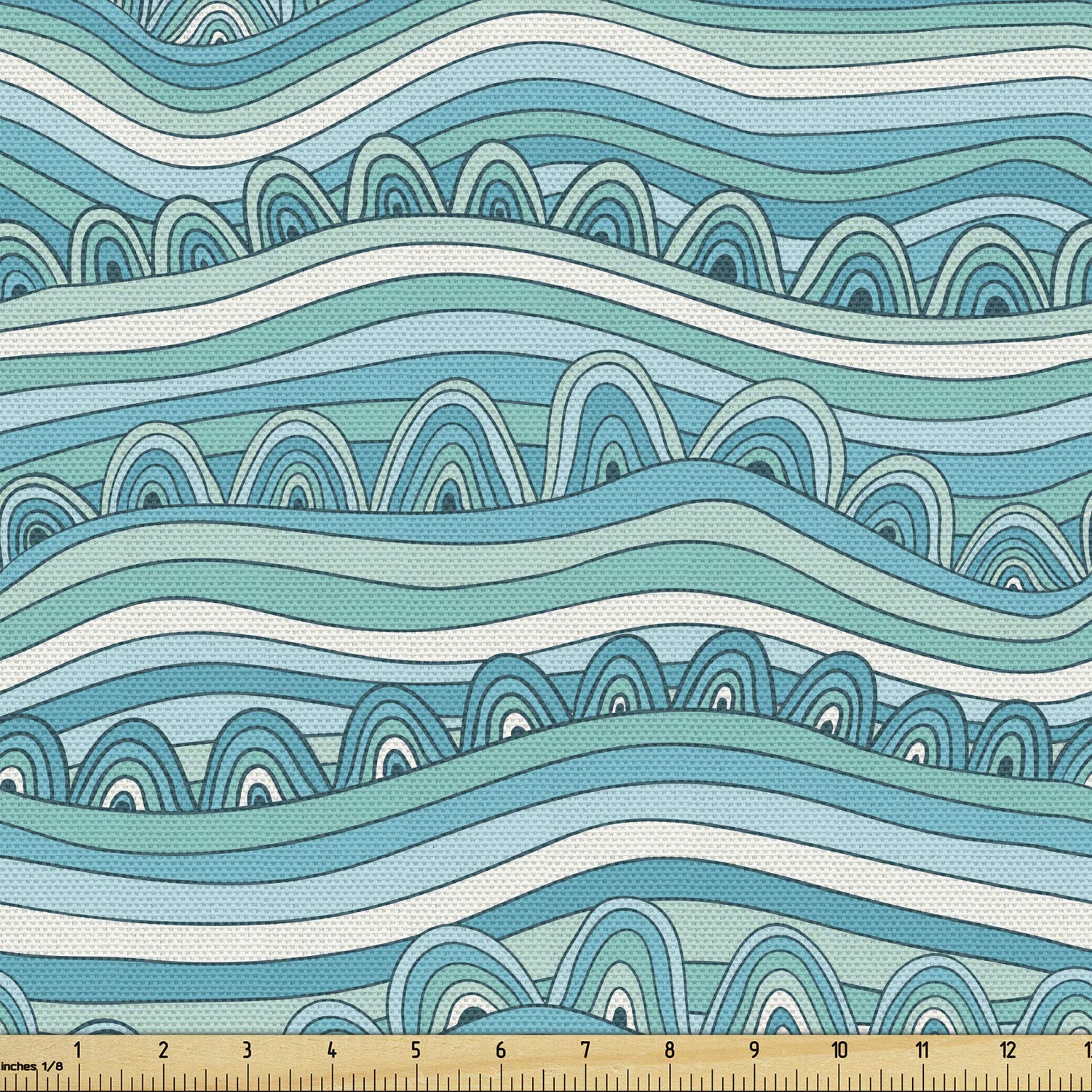 Lunarable Blue and White Fabric by The Yard, Hand-Drawn Style Wave Pattern Sea Inspired Ocean Ornament, Decorative Fabric for Upholstery and Home Accents, 1 Yard, Blue Turquoise