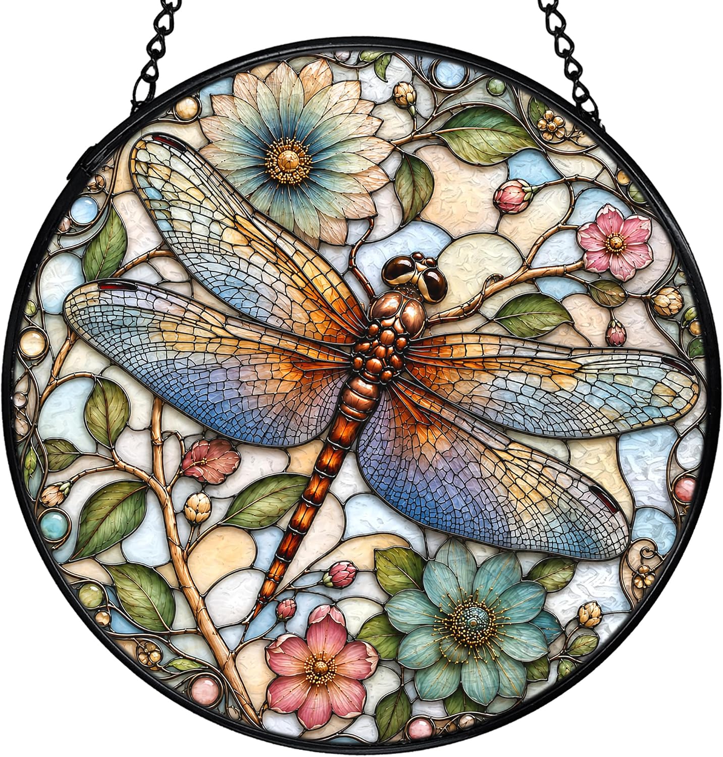 Dragonfly Flower Stained Glass Suncatchers Wall Decor 7.8x7.8
