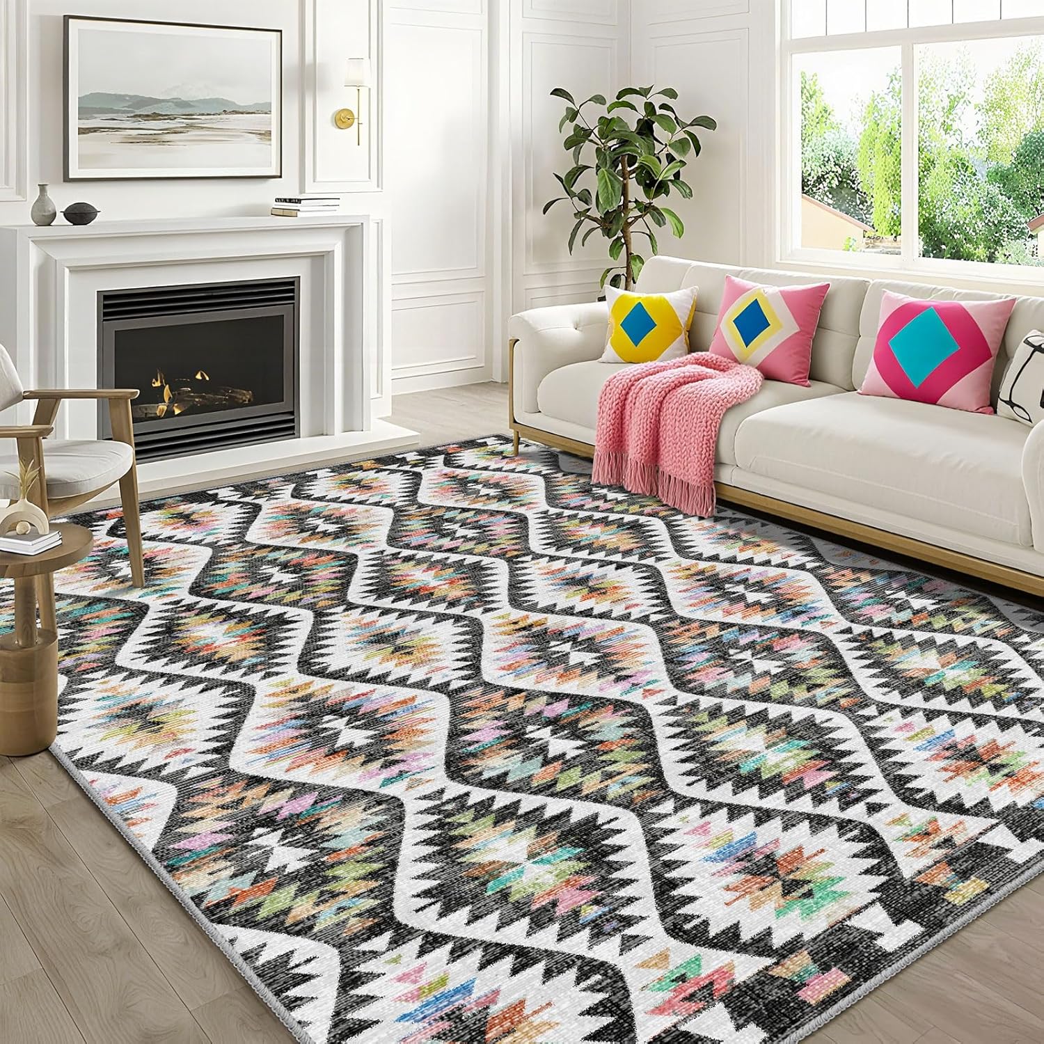 8x10 Rug for Living Room, Washable Black Rugs Boho Moroccan Trellis Area Rug with Vibrant Hues for Bedroom, Farmhouse, Dining Room, Kids Playroom Low-Profile Throw Non-Slip Backing Large Carpet