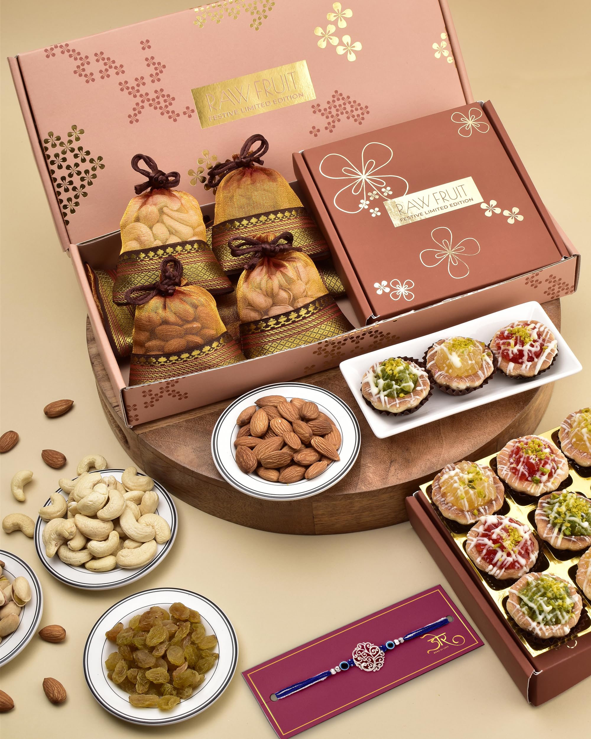 Rakhi With Chocolate Silver rakhi for brother Dry Fruit Gift Pack with Premium Artisanal Fruit Tarts Sweets rakhi for brother silver rakhi and sweets for brother combo Rakhi Gift For Brother