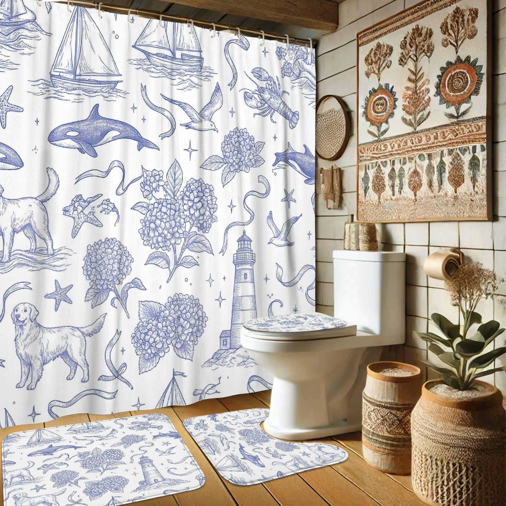 Ensemble rideau de douche polyester voilier bleu 183 cm