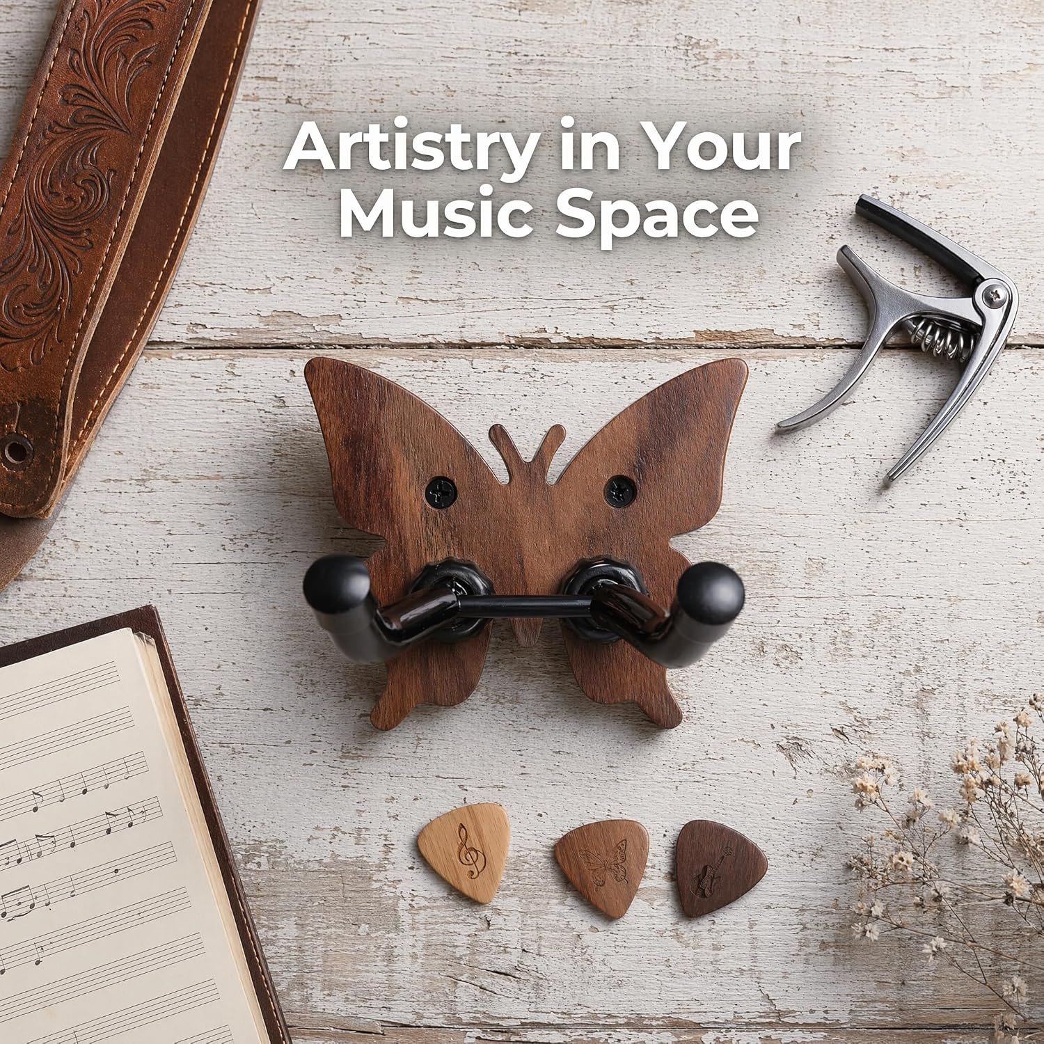 Guitar Hanger Wall Mount 2 Pack, Butterfly Walnut Wood Wall Guitar Hanger, Sturdy Guitar Hook for Acoustic, Electric Guitars, Banjo, Bass, Gift for Guitar Player.