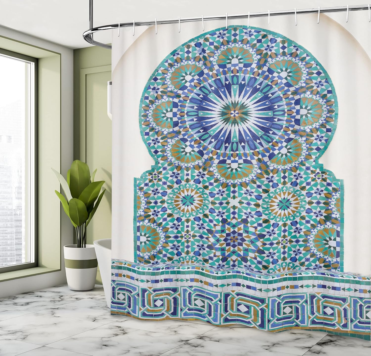 Ambesonne Moroccan Shower Curtain, Ceramic Tile Antique East Pattern Heritage Architecture Print, Cloth Fabric Bathroom Decor Set with Hooks, 69" W x 84" L, Pale Coffee Turquoise