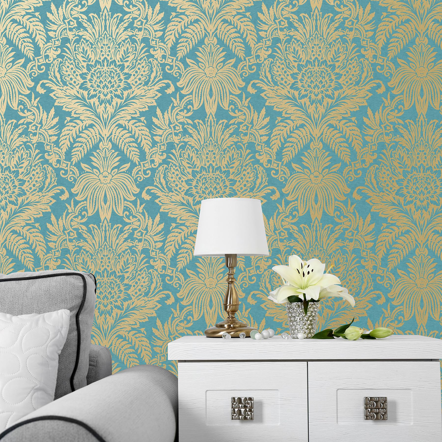 Teal And Gold Metallic Damask Wallpaper Palais Blue & Gold Metallic