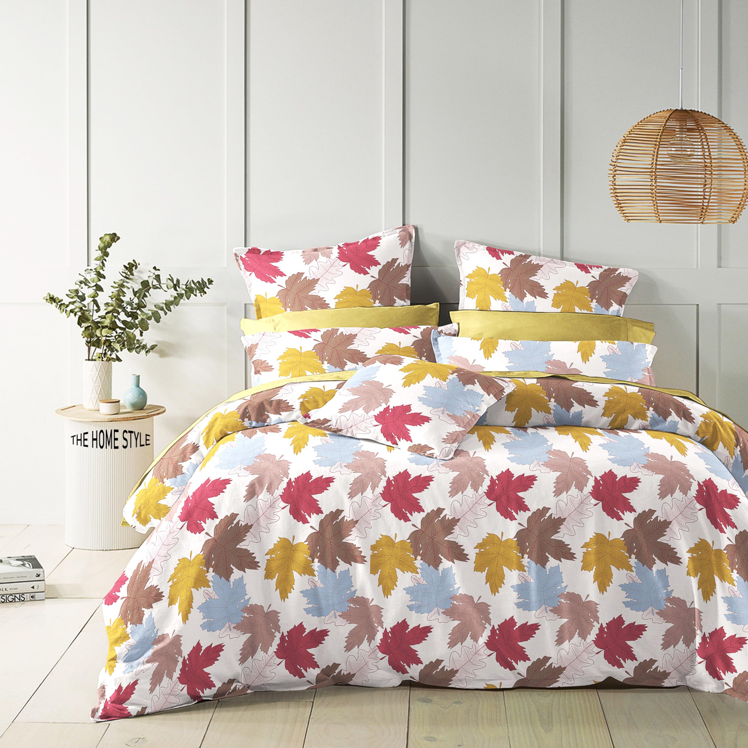 THE HOME STYLE 400 TC Cotton Elastic Fitted All Around Printed Queen Size Double Bed Bedsheet wih 2 Pillow Cover (60"x78", Creamy Leafy)
