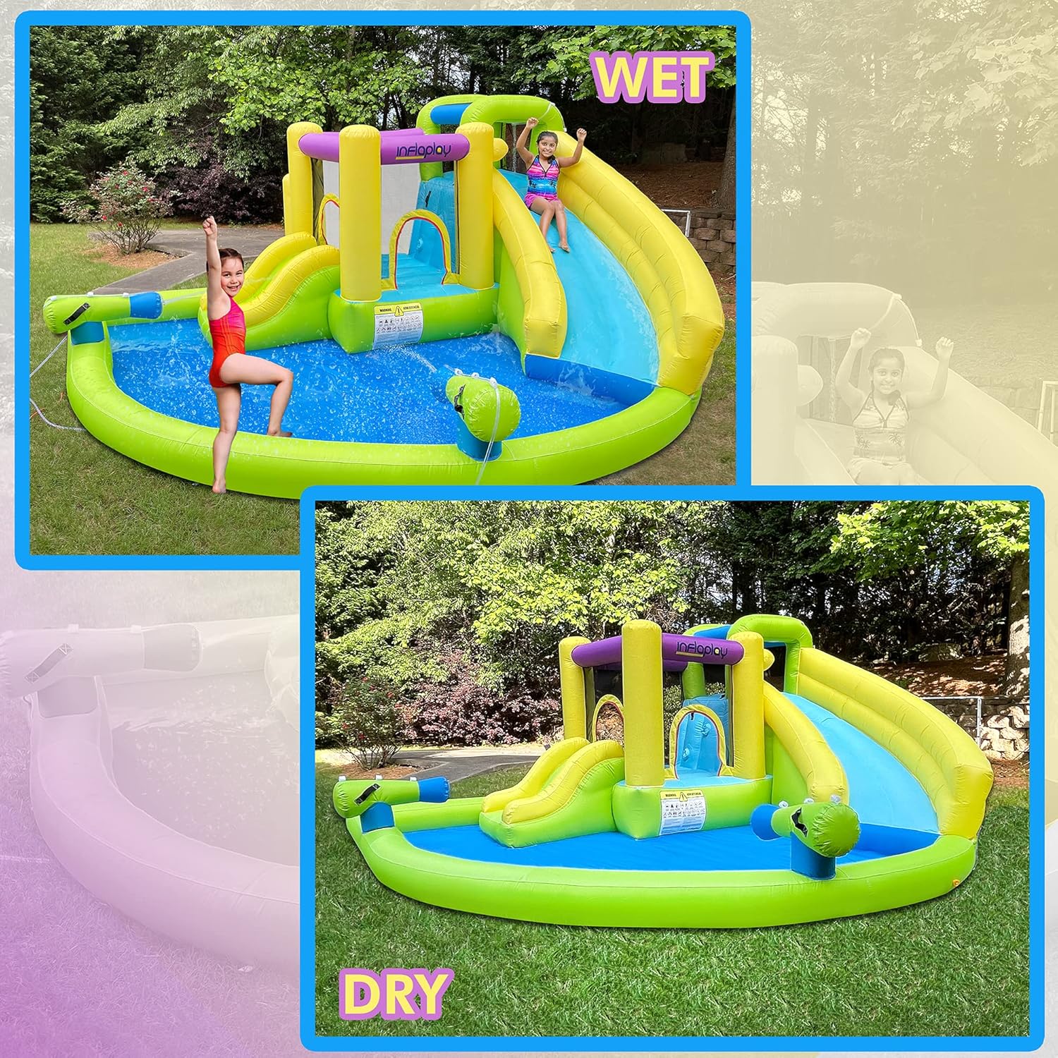 Best Promo INFLAPLAY 5-in-1 Inflatable Water Slide Park with Blower - Water Bounce House with Jump Area, Splash Pool, Water Gun, Slide, Climbing Wall - Backyard Castle Playhouse for Little Kids