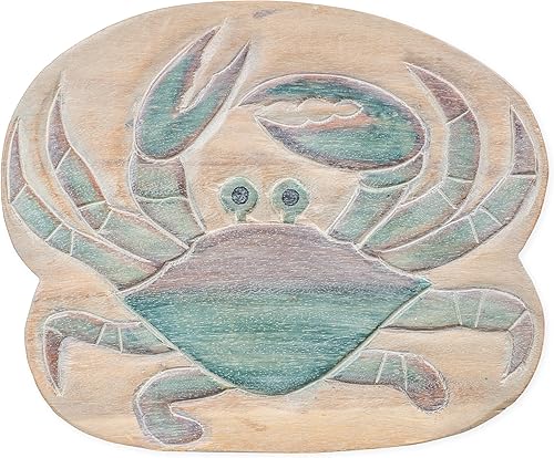 Miniatura 3 de Sea Island Imports - Taburete corto decorativo de madera de acacia tallada a mano con diseño de cangrejo azul