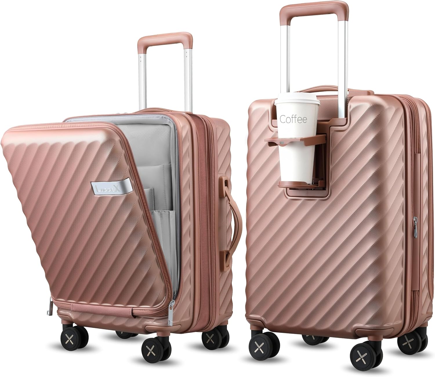 LUGGEX Carry On Luggage with Compartment and Cup Holder, Expandable PC Hard Shell Suitcase with Front Pocket (Rose Gold, Carry-On 20-Inch)