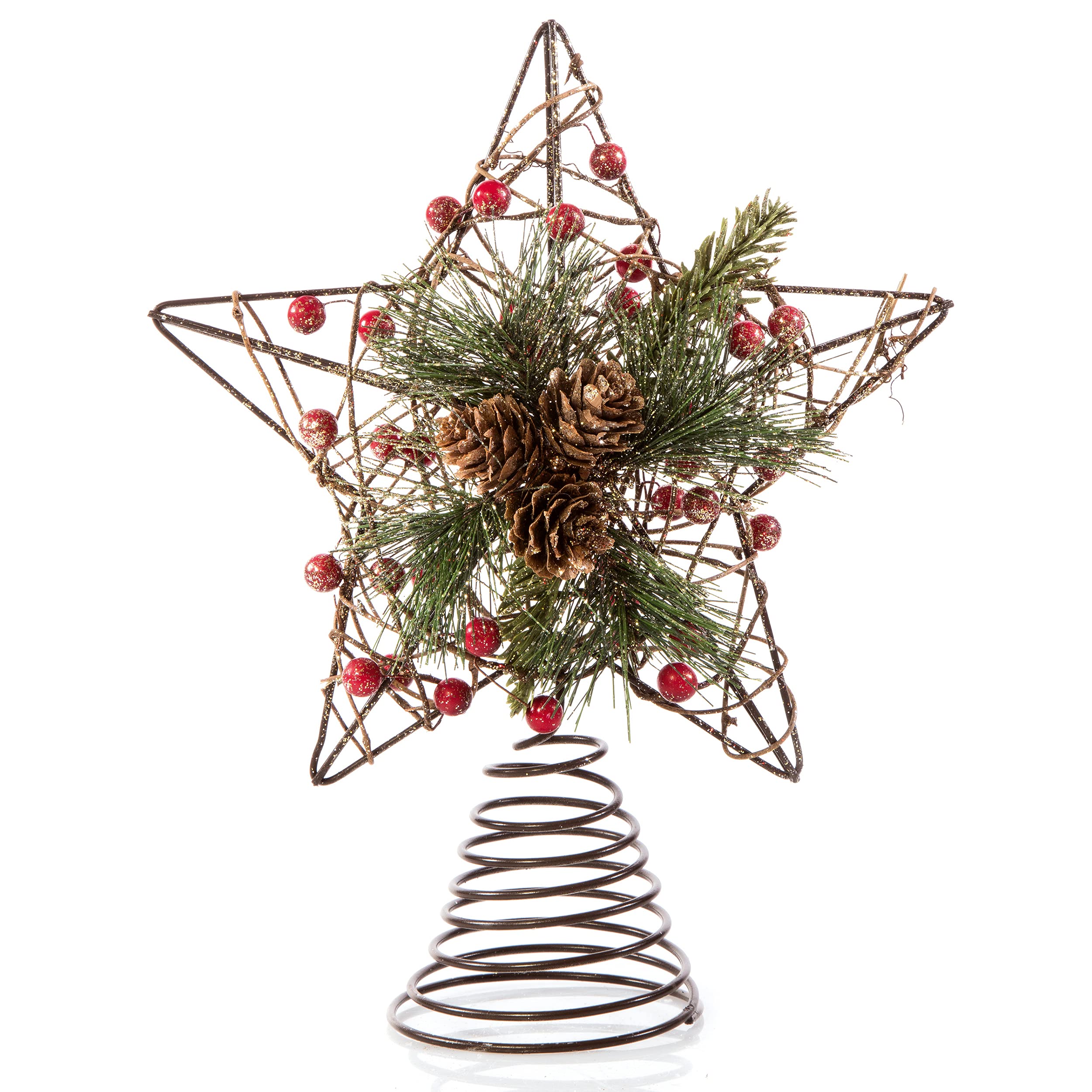 Premier Woodland Star Christmas Tree Topper (25cm) (Natural/Green/Red)