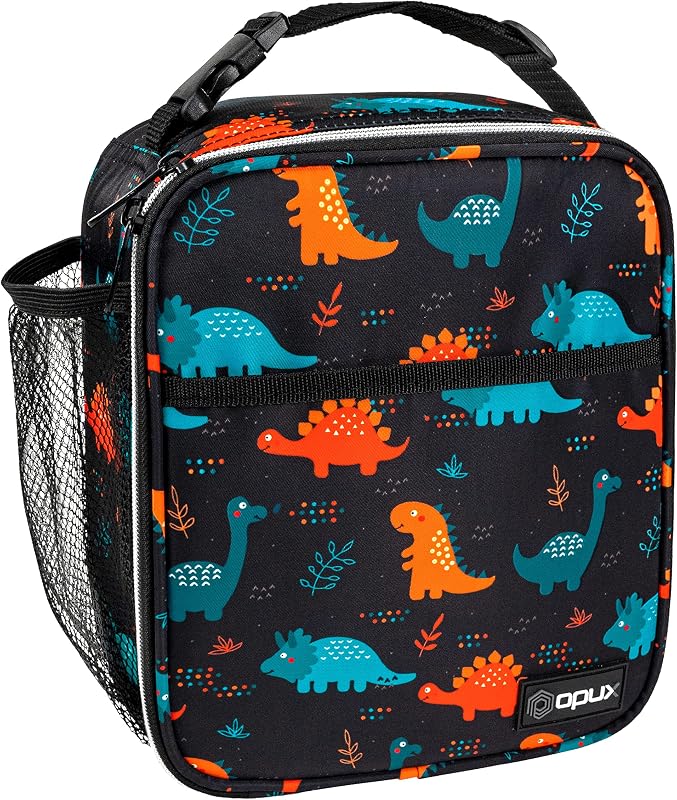 opux Bolsa de almuerzo aislada para niños y niñas, pequeña lonchera compacta con apertura amplia y bolsillos de malla, lonchera reutilizable para la escuela, trabajo, adultos, hombres, mujeres, dinosaurio