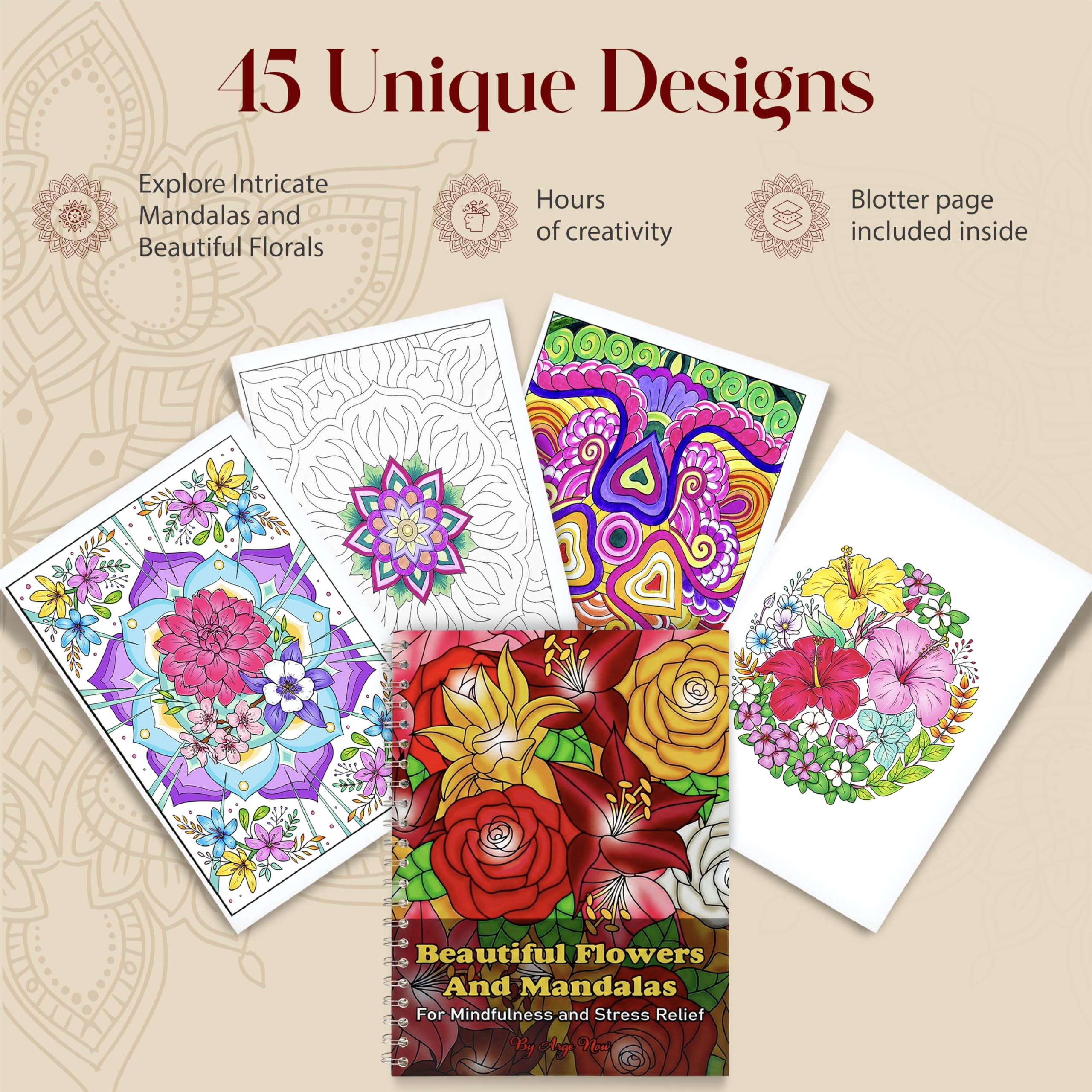 Malbuch für Erwachsene für Frauen, 45 Mandala- und Blumen-Designs, Stressabbau und Entspannung, dicke, perforierte Seiten, großes A4-Format