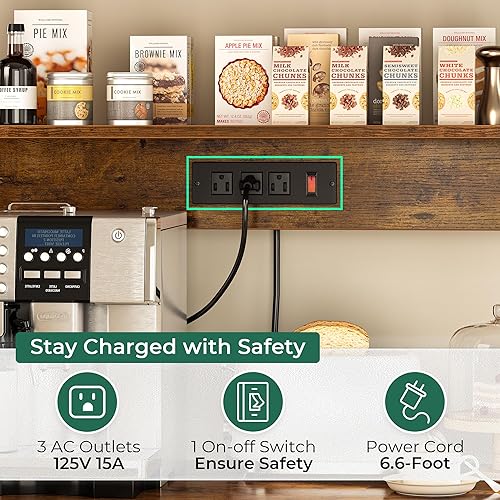 Miniatura 4 de SUPERJARE Estante para panaderos con toma de corriente, barra de café de 35.4 pulgadas con canasta de alambre, soporte de microondas de cocina con 6